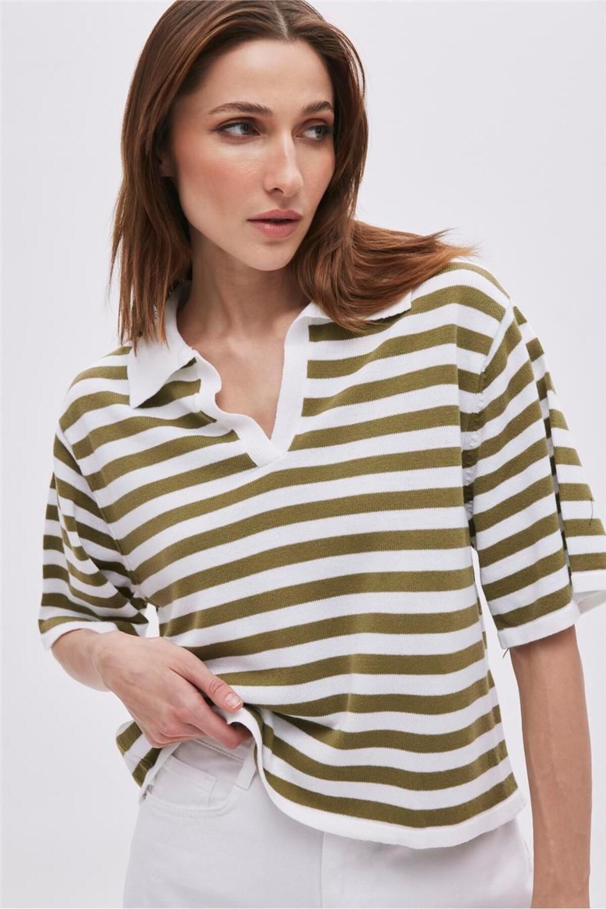 SHERIN-Ecru Khaki Polo Collar Striped Sweater 4