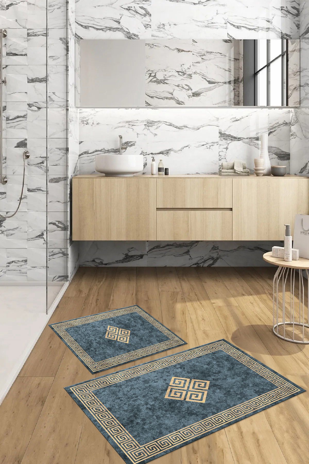 Napoli Home-Set de scaune de toaletă pentru baie model clasic, lavabil, imprimat digital, cu cadru, KLOZET-54-ALBASTRU, 5