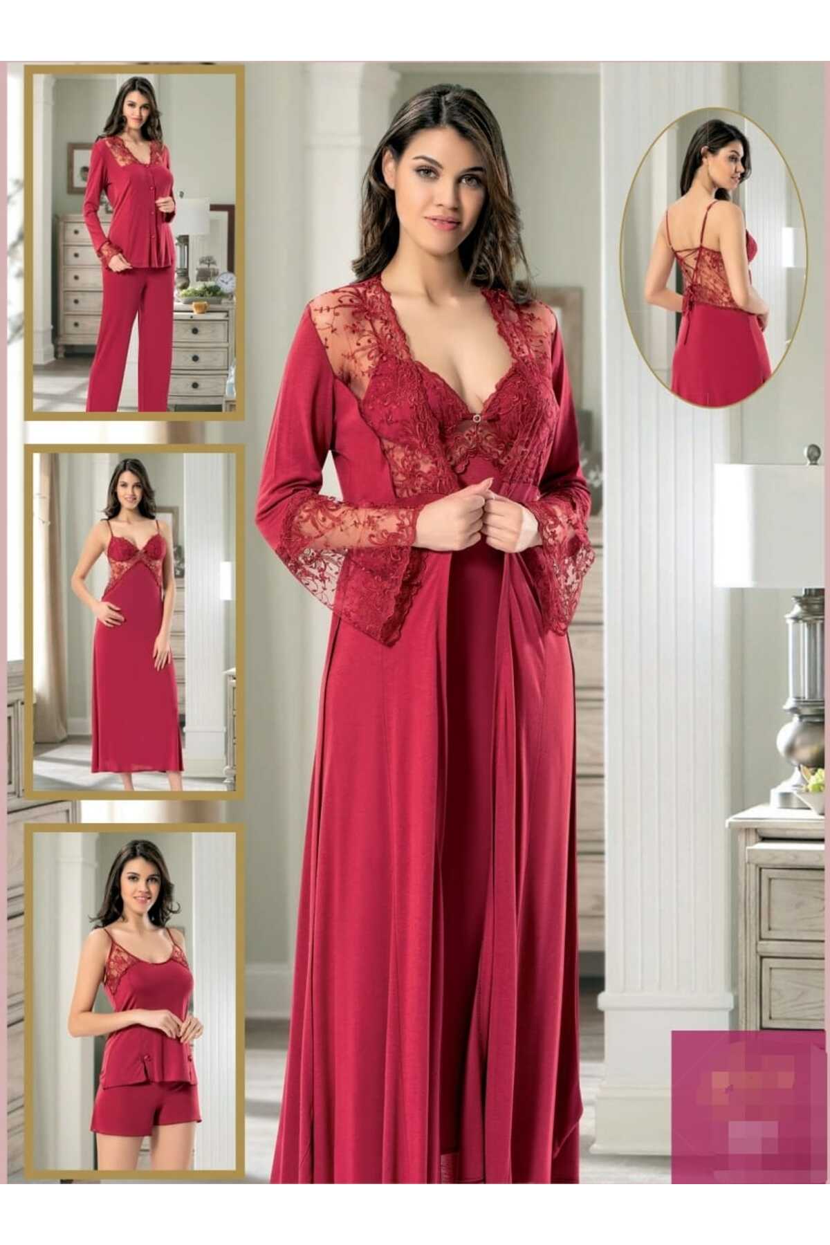 CT MODA Kadın Kırmızı Özel Tasarım 6 Parça Kutulu Pamuk Dantelli  Güpürlü  Gelin Çeyiz Seti