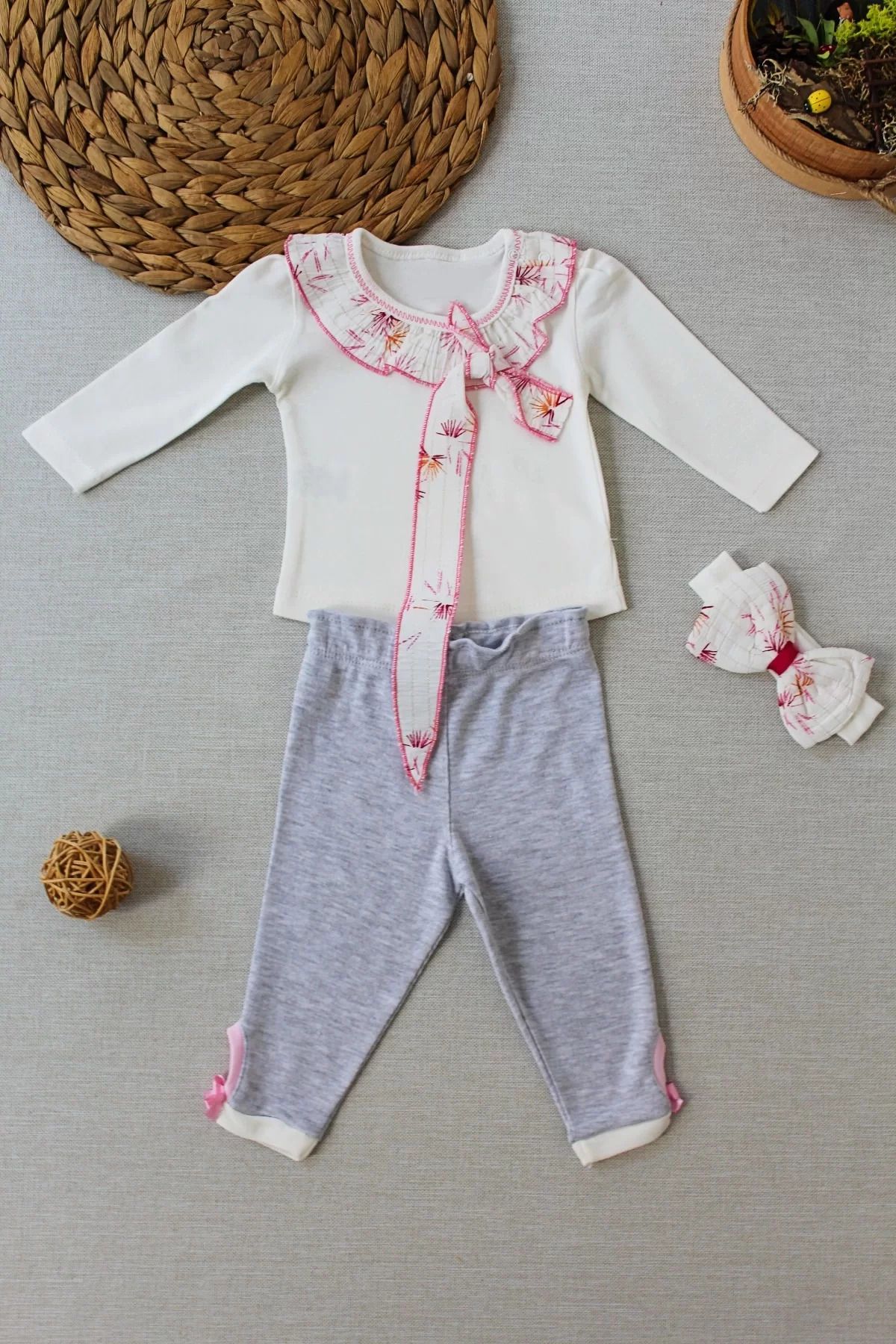yusuftex Matmazel Yaka Fırfır Detaylı Bandanalı Uzun Kollu Sweat 3lü Kız Bebek Takımı Ekru