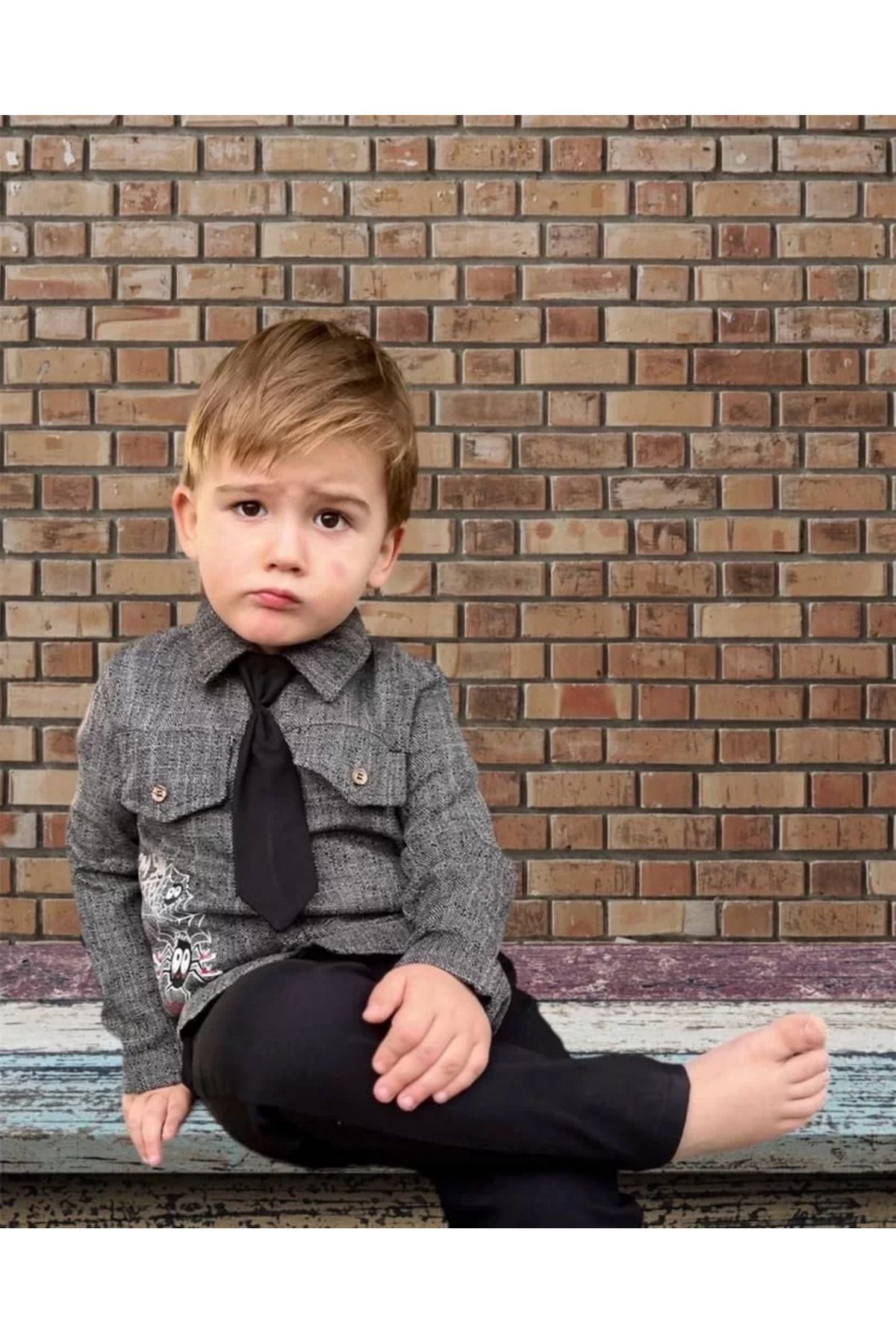 yusuftex Kravatlı Keten Gömlek Gabardin Pantolon Uzun Kollu 3lü Erkek Çocuk Takımı Siyah