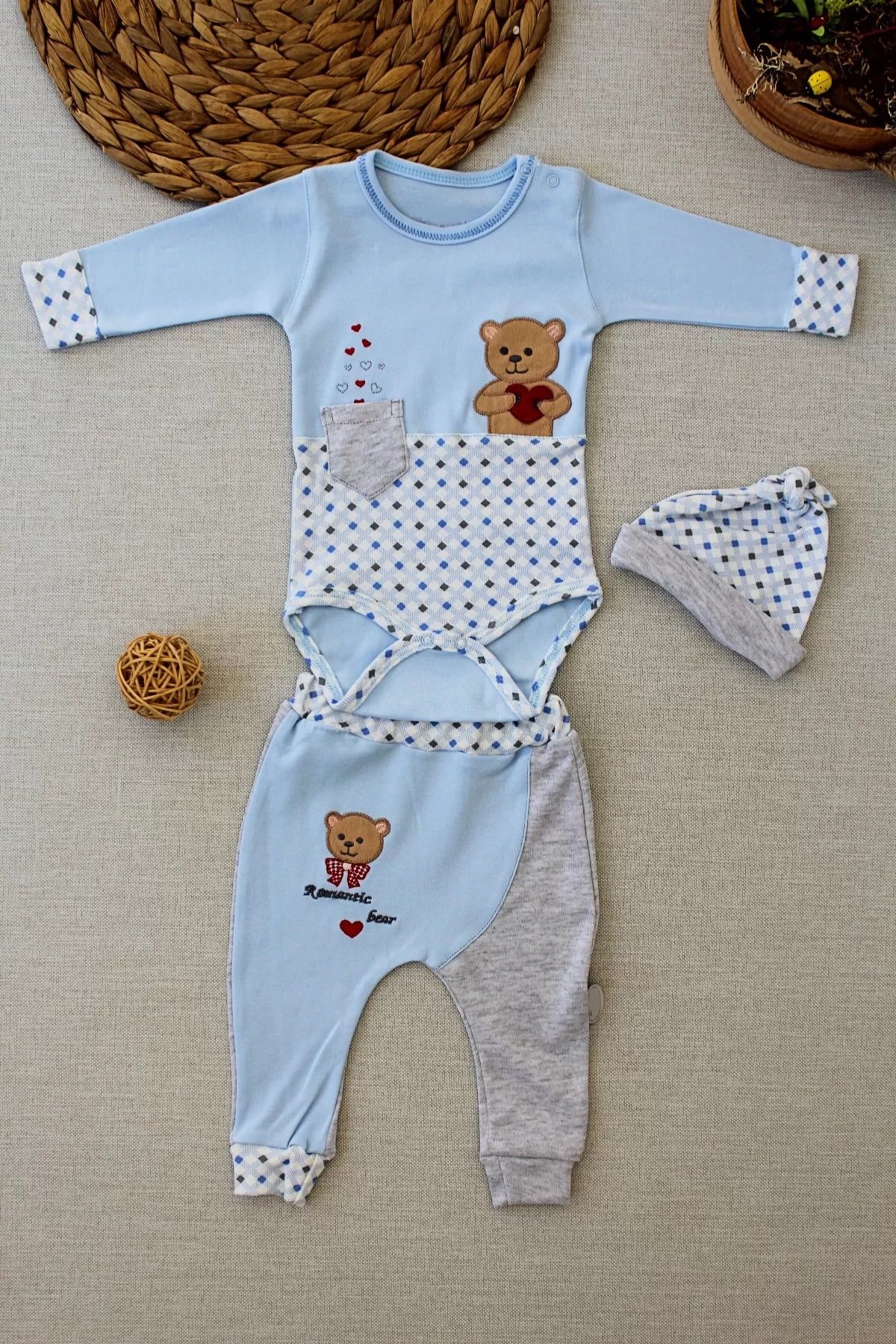 yusuftex Romantik Icık Nakışlı Şapkalı Uzun Kollu Zıbınlı 3lü Kız-erkek Bebek Takımı Mavi