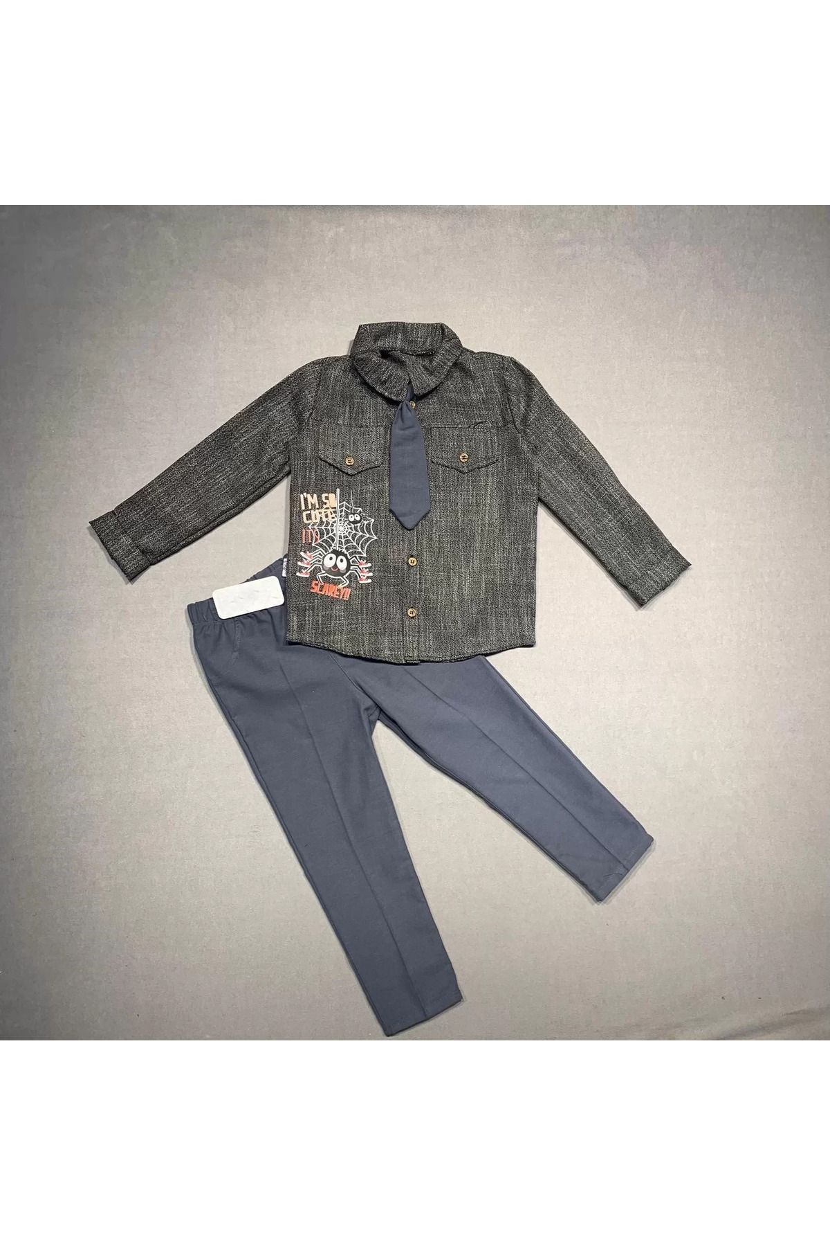 yusuftex Kravatlı Keten Gömlek Gabardin Pantolon Uzun Kollu 3lü Erkek Çocuk Takımı Füme