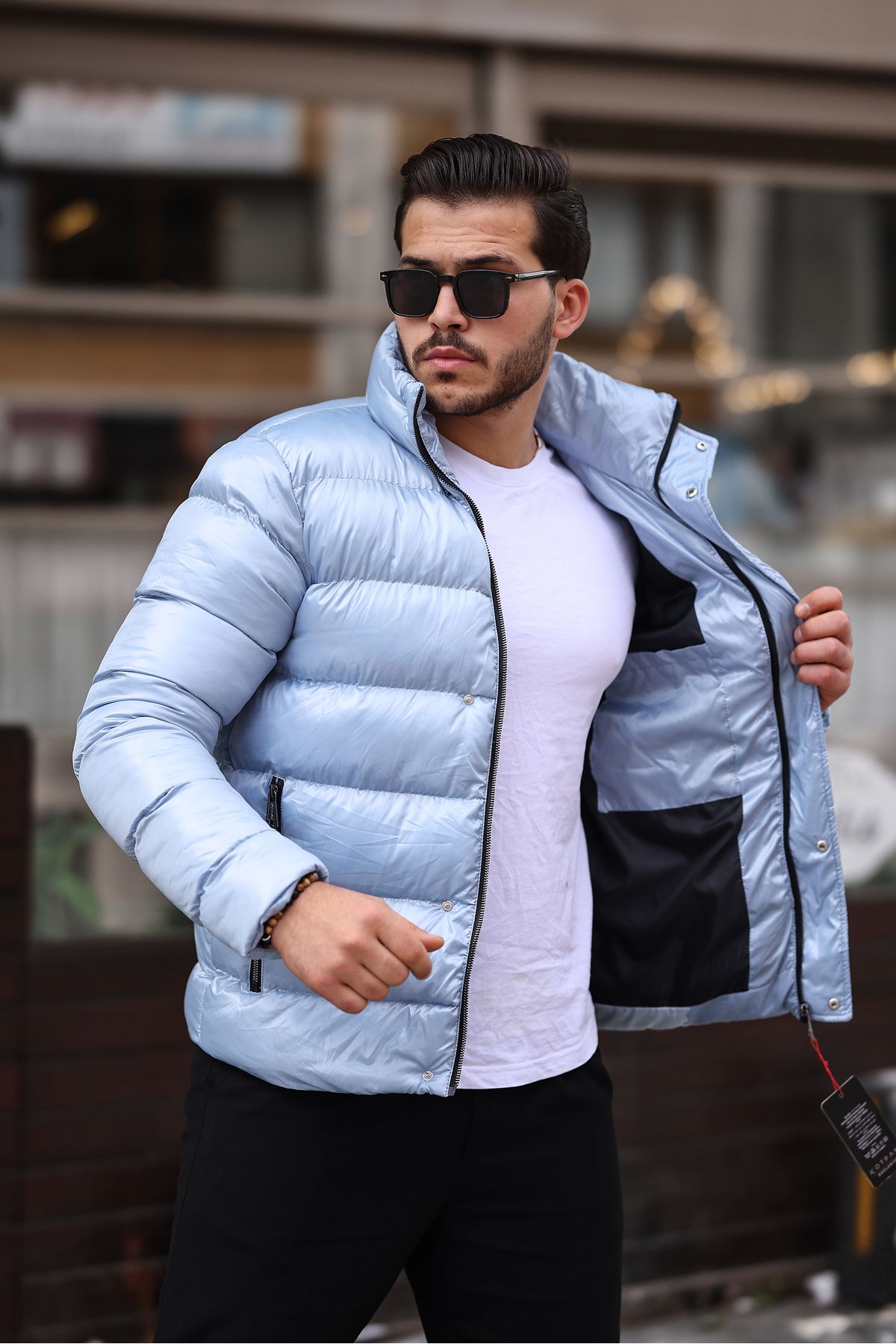kotpan denim-Men's Blue Stand Collar Windproof Water Repellent Shiny Puffer Jacket 2
