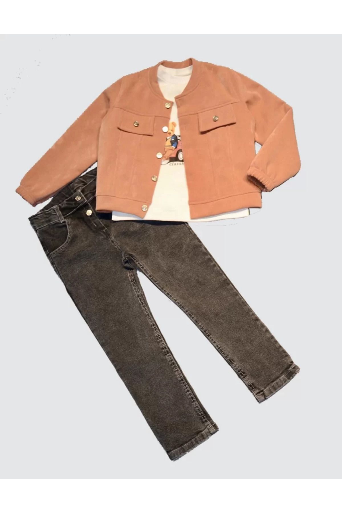 yusuftex Kot Pantolonlu Nubukceketli Uzun Kollu Penye Sweat 3lü Erkek Çocuk Takımı Kiremit