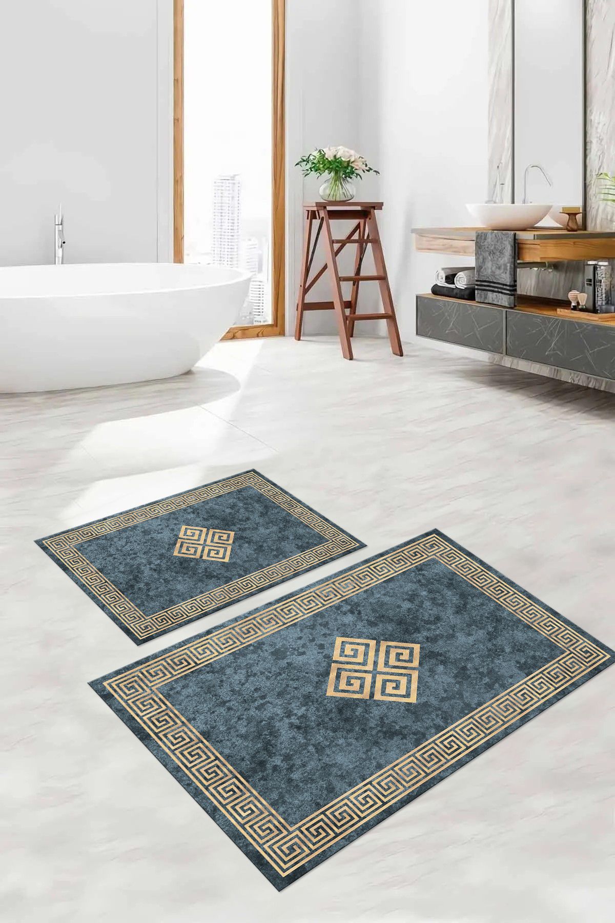 Napoli Home-Set de scaune de toaletă pentru baie model clasic, lavabil, imprimat digital, cu cadru, KLOZET-54-ALBASTRU, 6