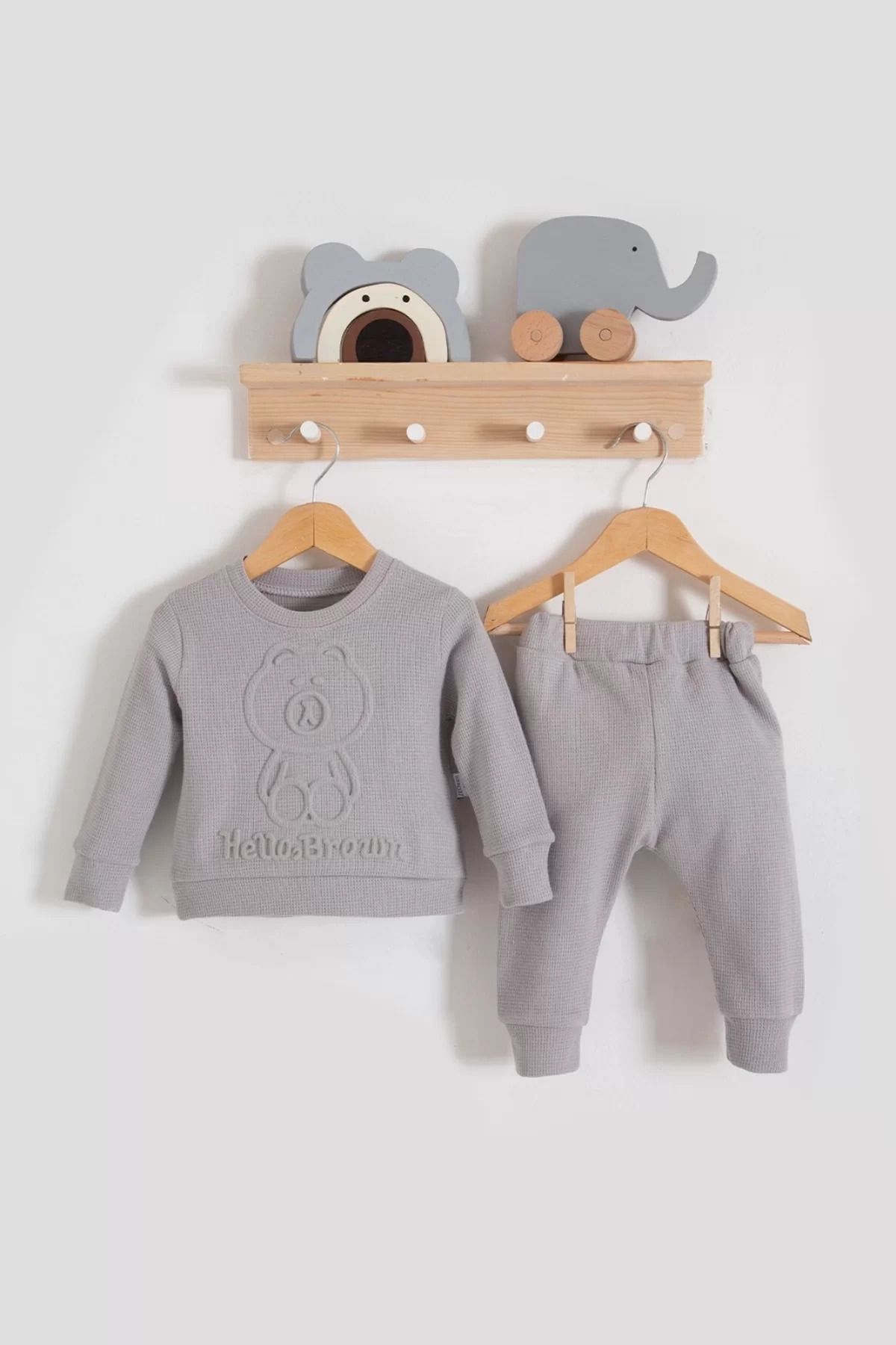 yusuftex Bear Gofre Kabartmalı 2'li Erkek Bebek Takımı