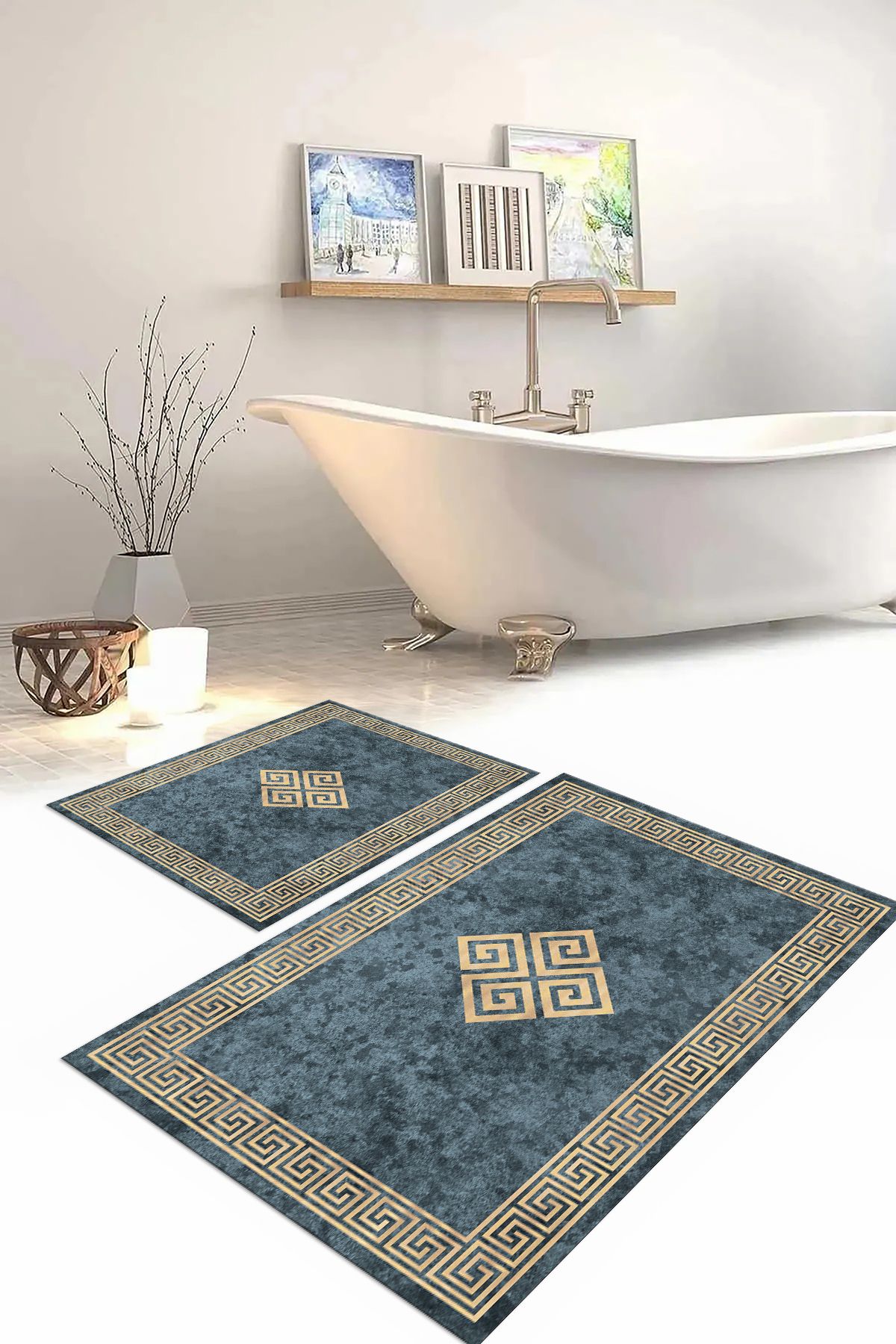 Napoli Home-Set de scaune de toaletă pentru baie model clasic, lavabil, imprimat digital, cu cadru, KLOZET-54-ALBASTRU, 4