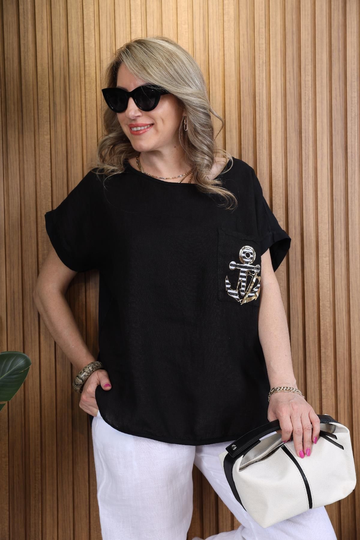 MİSLİNA BUTİK-Black T-shirt - Imported Pocket and Anchor Pattern 5