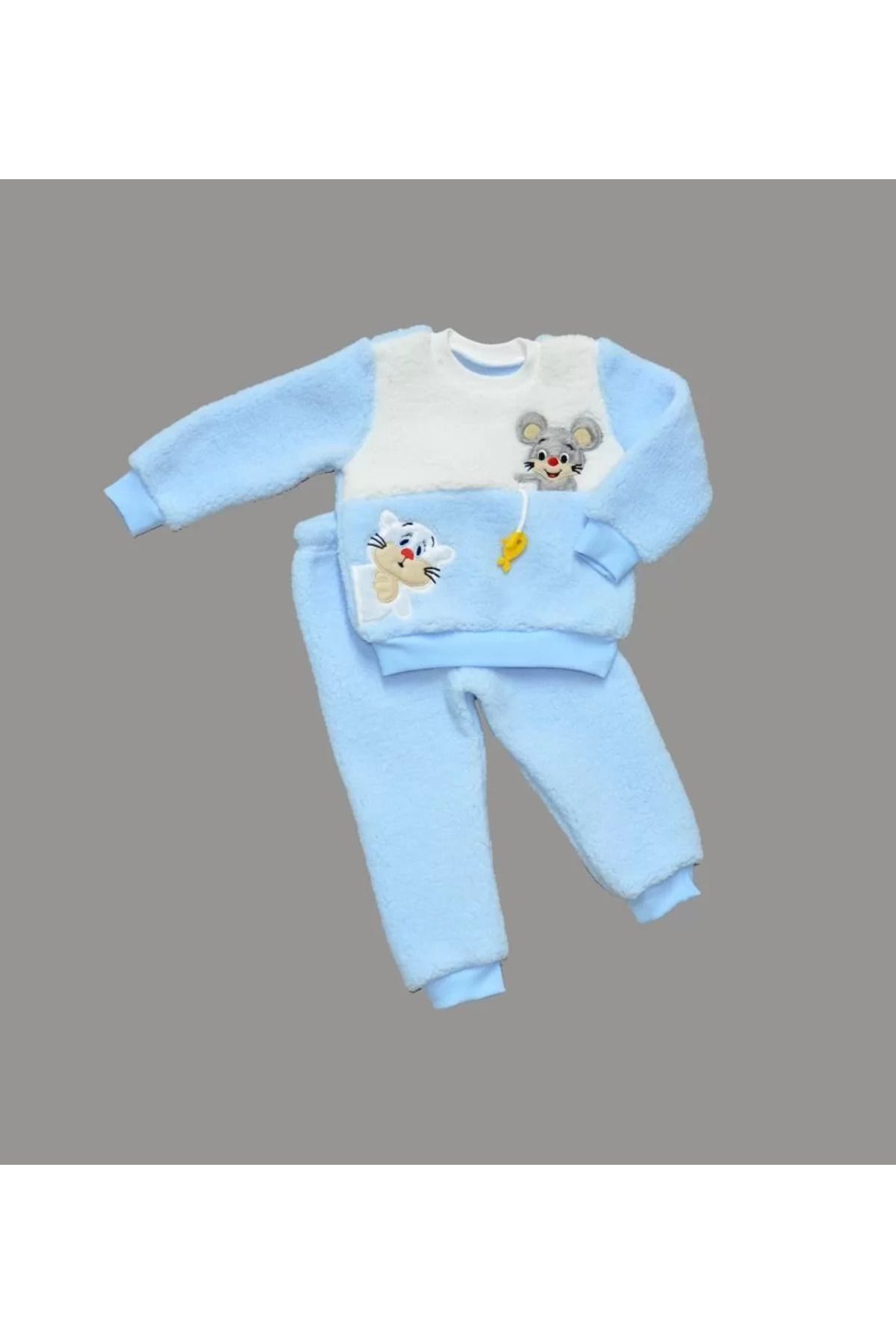yusuftex Sallanan Balık Nakışlı Kuzu Kumaş Sweat Pantolon Uzun Kollu Kız Erkek 2 Li Takımı Mavi
