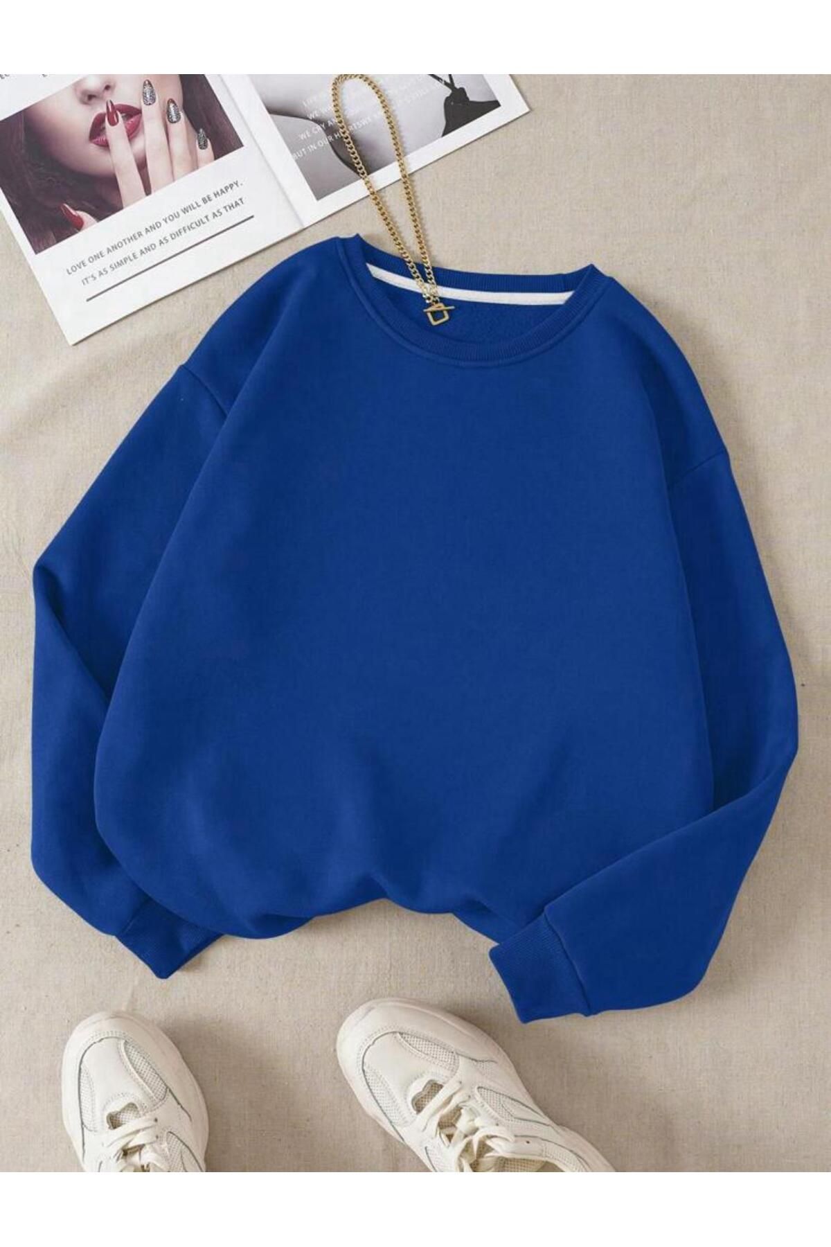 FAVORİST Bisiklet Yaka Sweatshirt Düz Baskısız ( Soft ) Geniş Kalıp