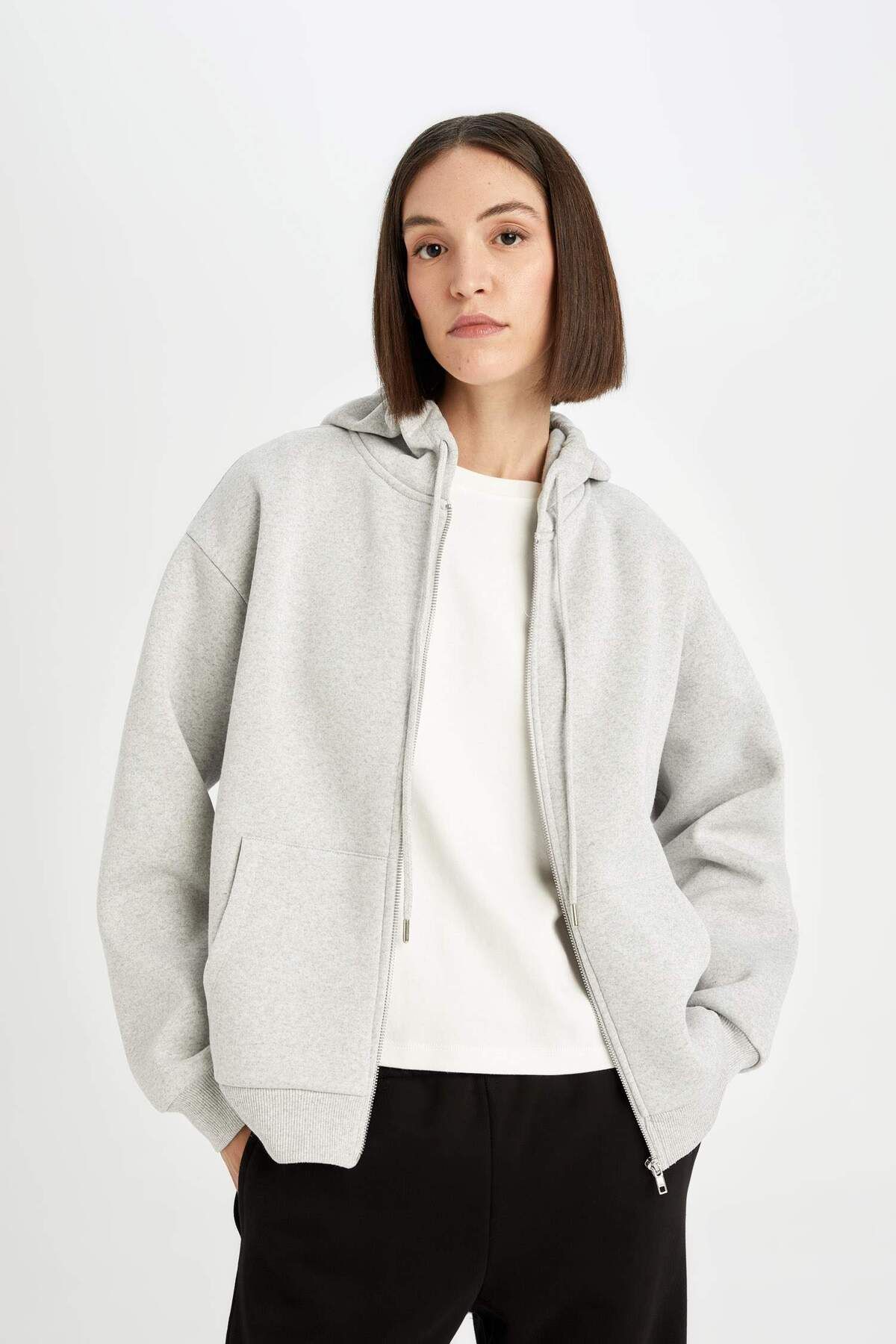 DeFacto-Back to School Relax Fit Gray Hooded Sweatshirt - Thick Basic, Plain Pocket, Zippered 3191285 3