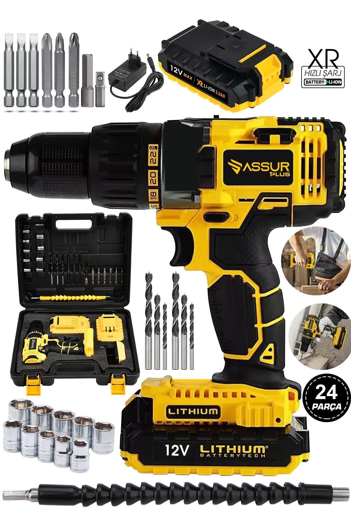 Jetta Power Tools Assur Plus 12v 1.5ah Metal Şanzıman Çift Akülü Bakır Sargı 24 Parça Şarjlı Matkap Akülü Vidalama