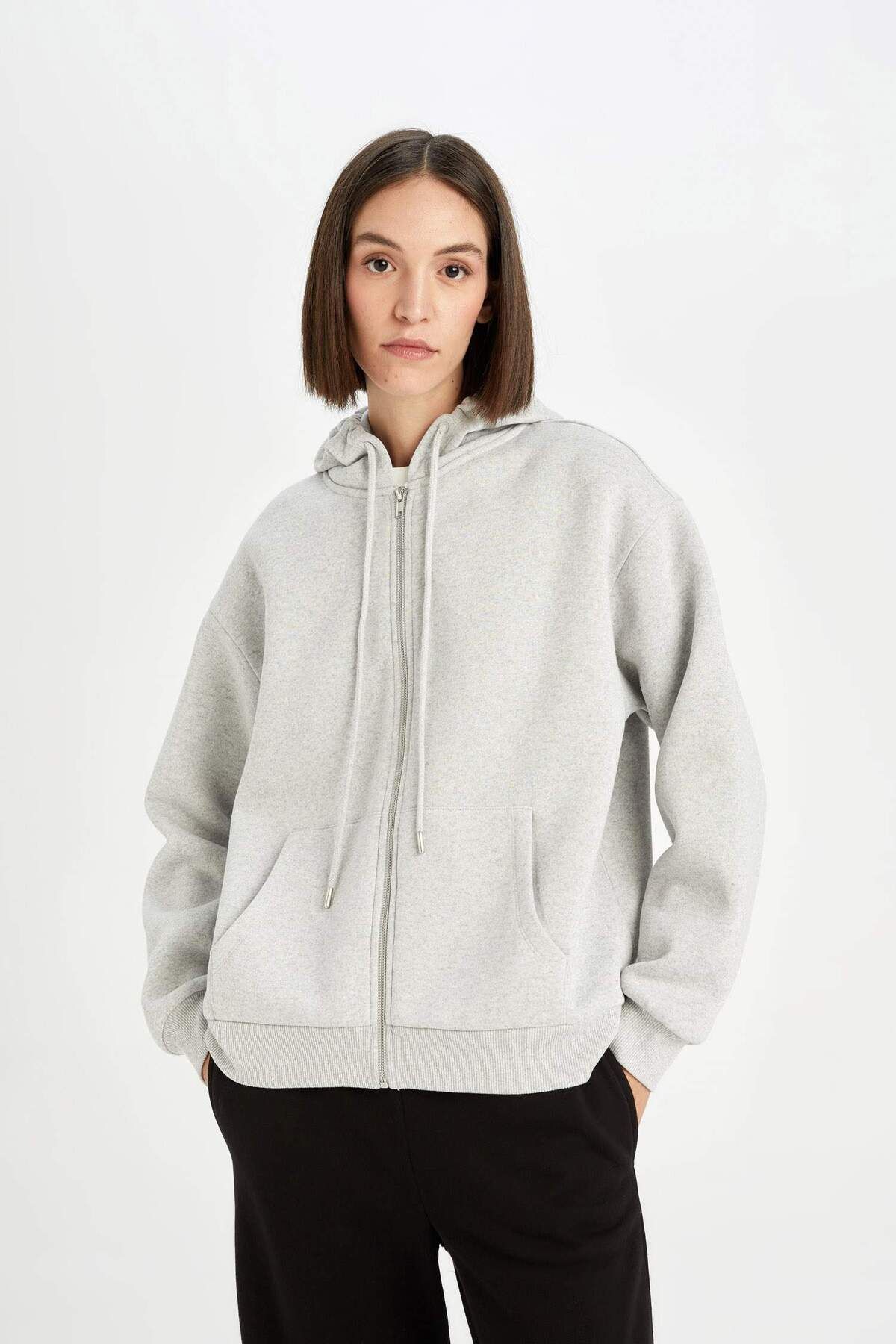 DeFacto-Back to School Relax Fit Gray Hooded Sweatshirt - Thick Basic, Plain Pocket, Zippered 3191285 6