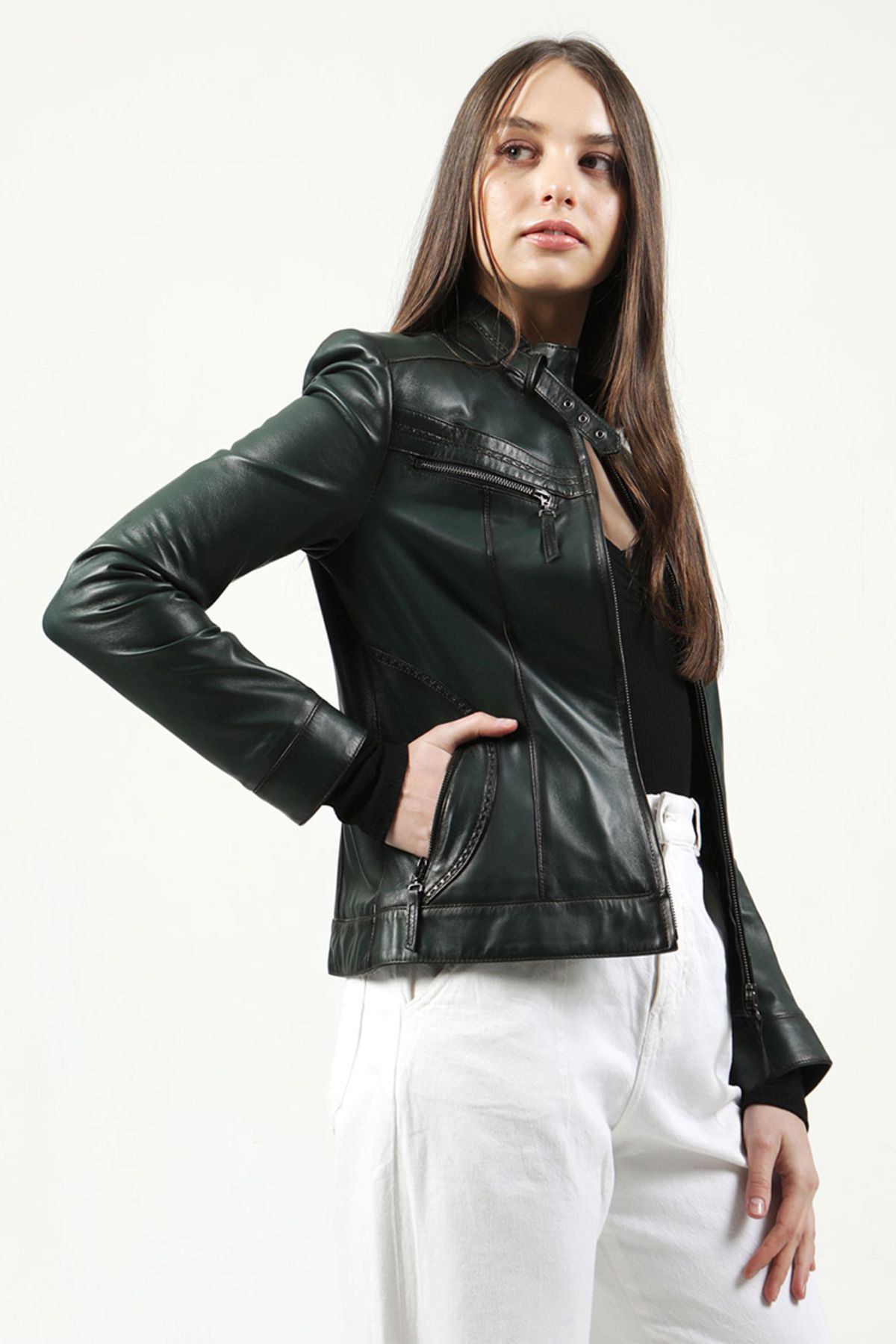 Dericlub-Green Genuine Leather Women's Coat - Yb2107 3