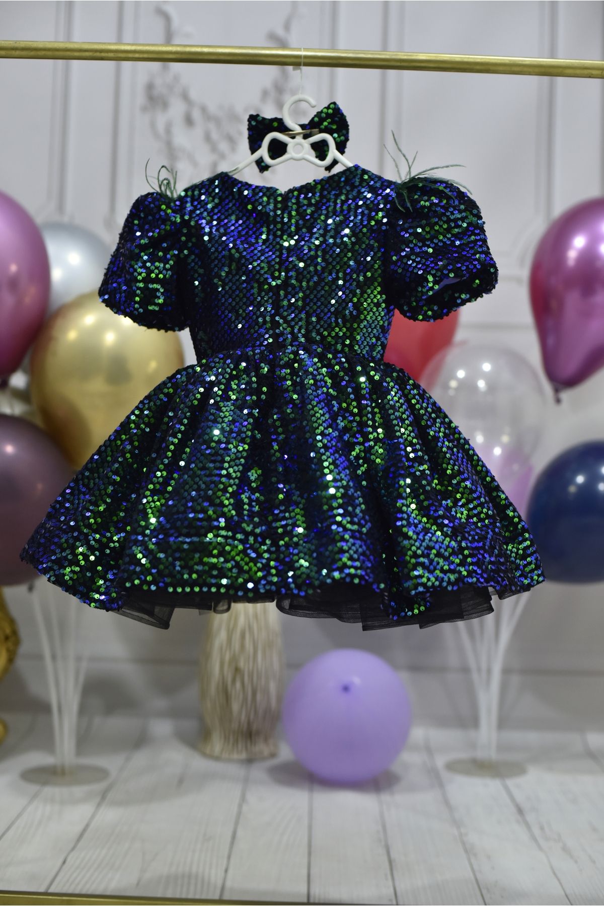 ELLUSSİ-Emerald Green Hologram - Front Low-Cut Short Balloon Sleeve Girl's Dress 2