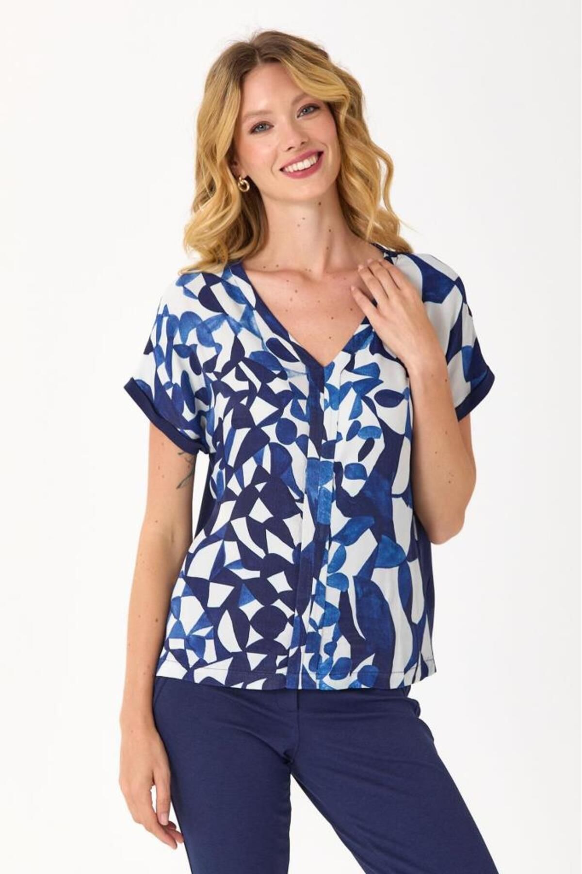 İKİLER-V-Neck Blouse with Woven Garnish on the Front 245-1501 3