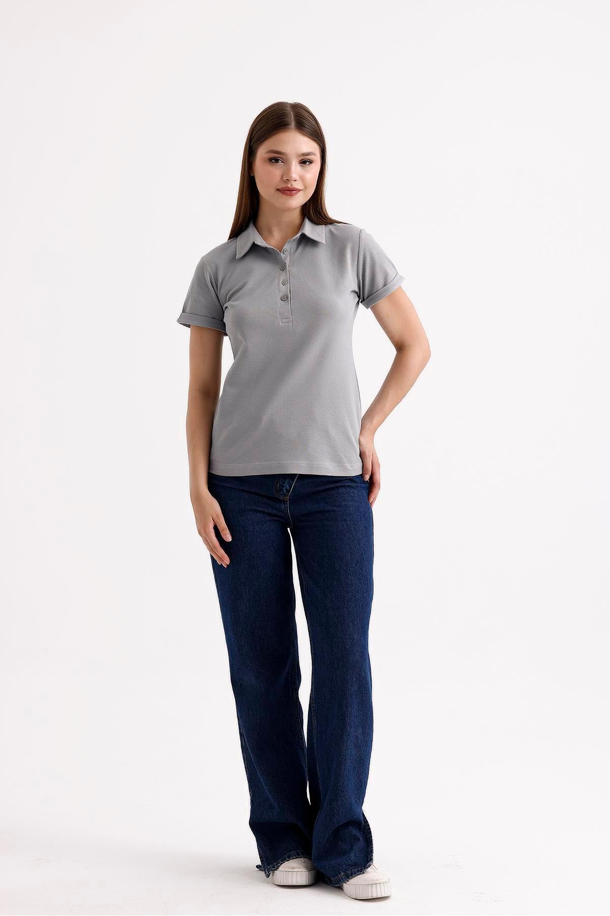 SWEETNESS-Gray Cotton Short Sleeve Women's T-Shirt - Shirt Collar 5