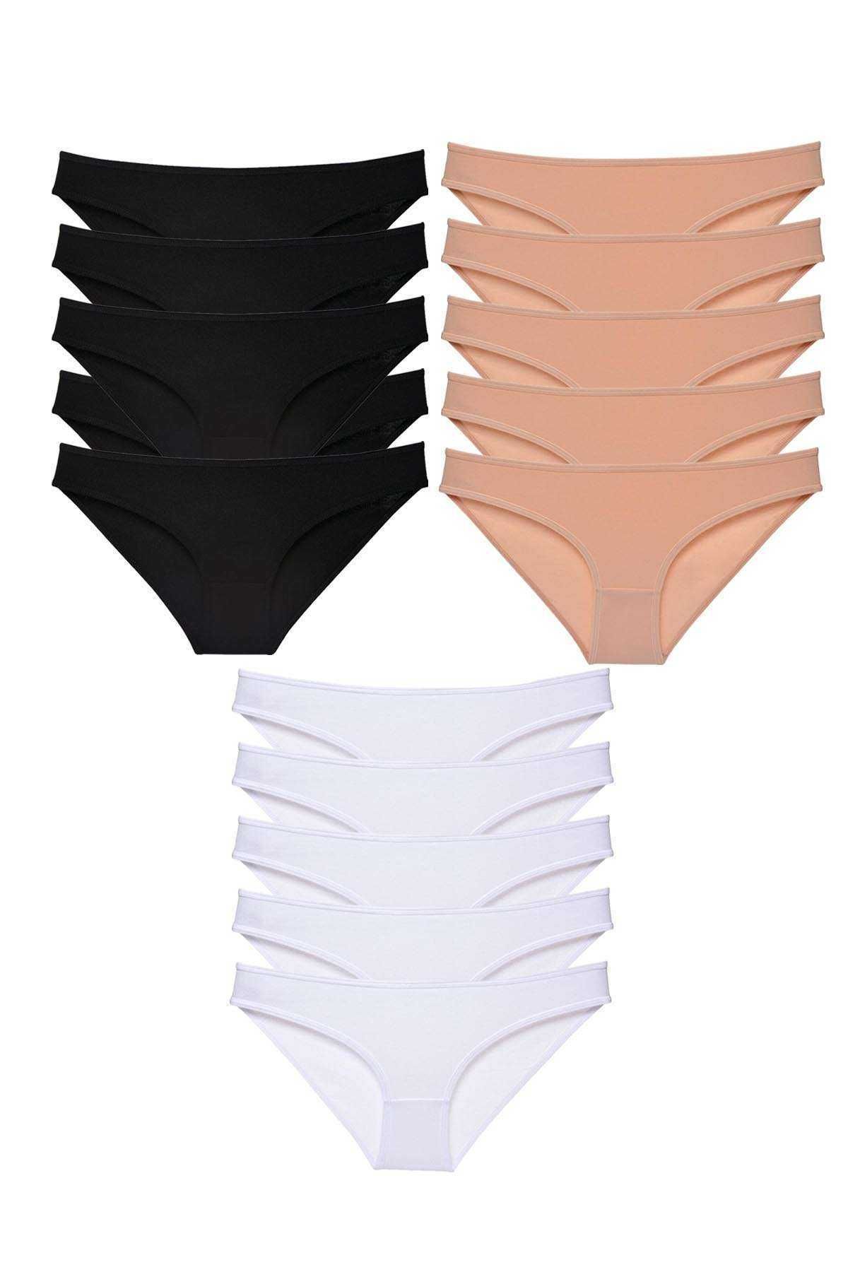 Angoravi 15 adet Süper Eko Set Likralı Kadın Slip Külot Siyah Ten Beyaz