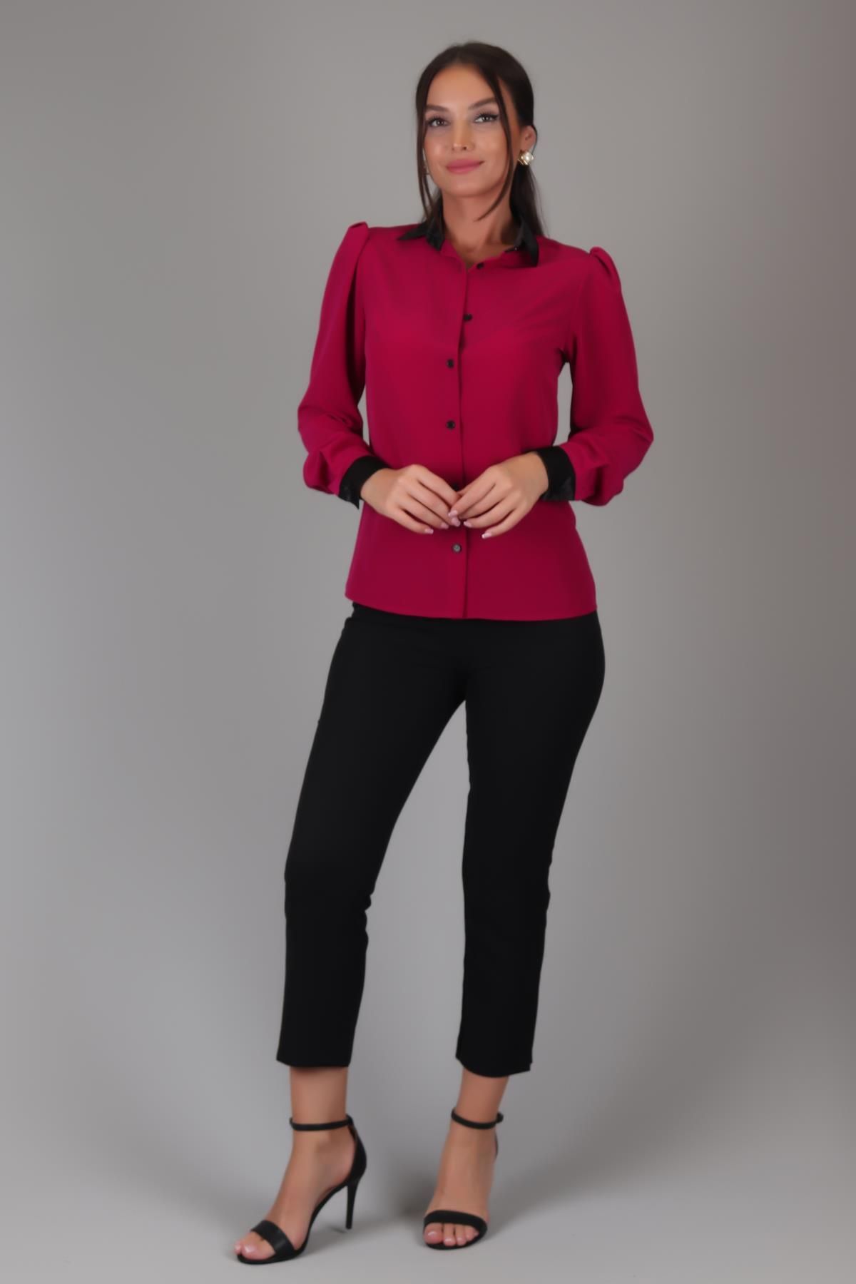 SWEETNESS-Fuchsia Satin Women's Shirt - Silk Collar, Long Sleeve 2