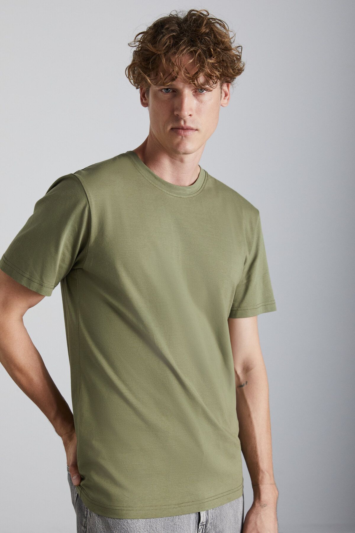 GRIMELANGE-Mıchel Men's Slim Fit Slim Fit 100% Organic Cotton Side-Looking Stitched Basic Knitted Khaki T-Shirt 5