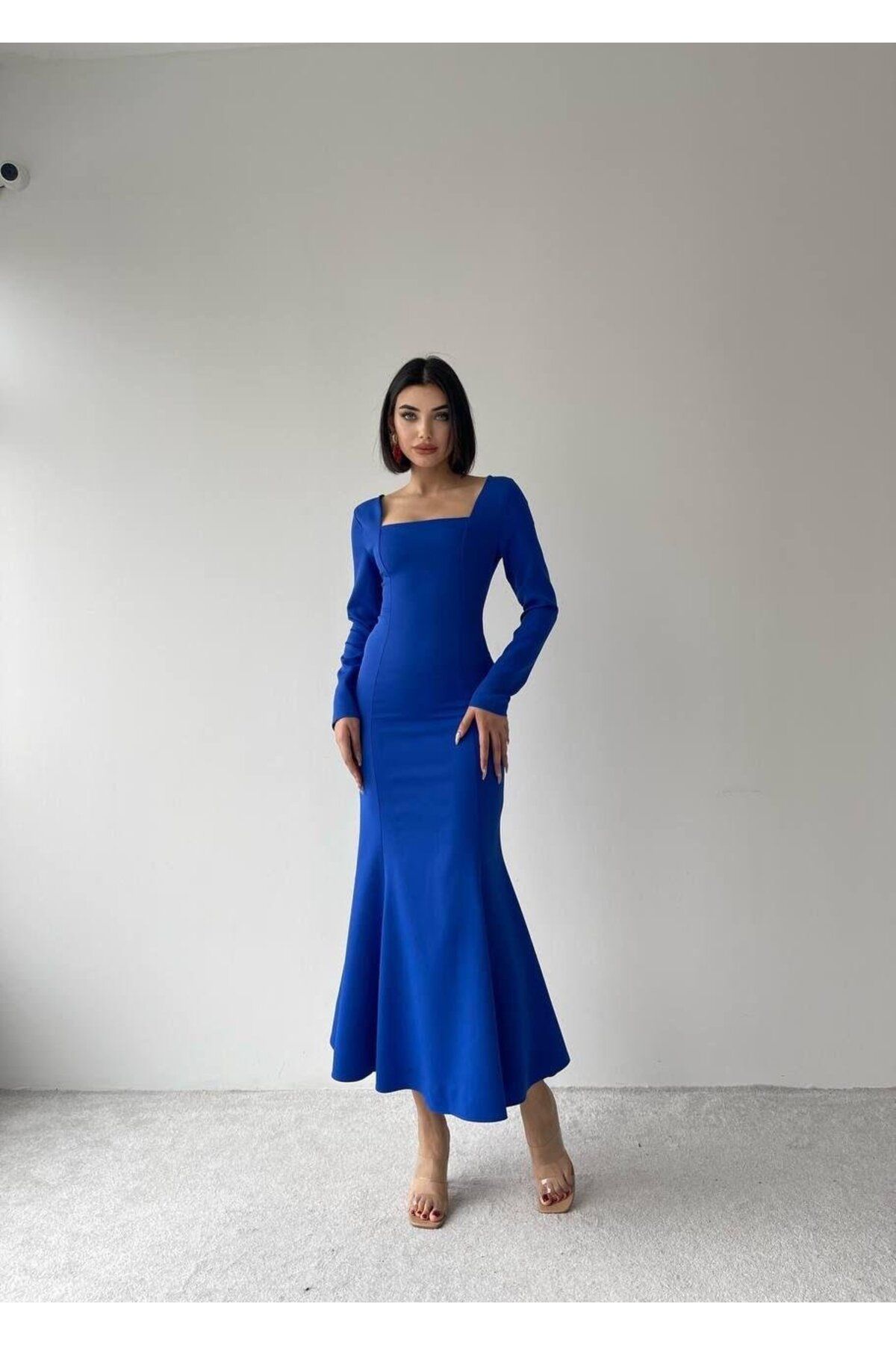 conconmoda-فستان أزرق طويل بياقة مربعة 4