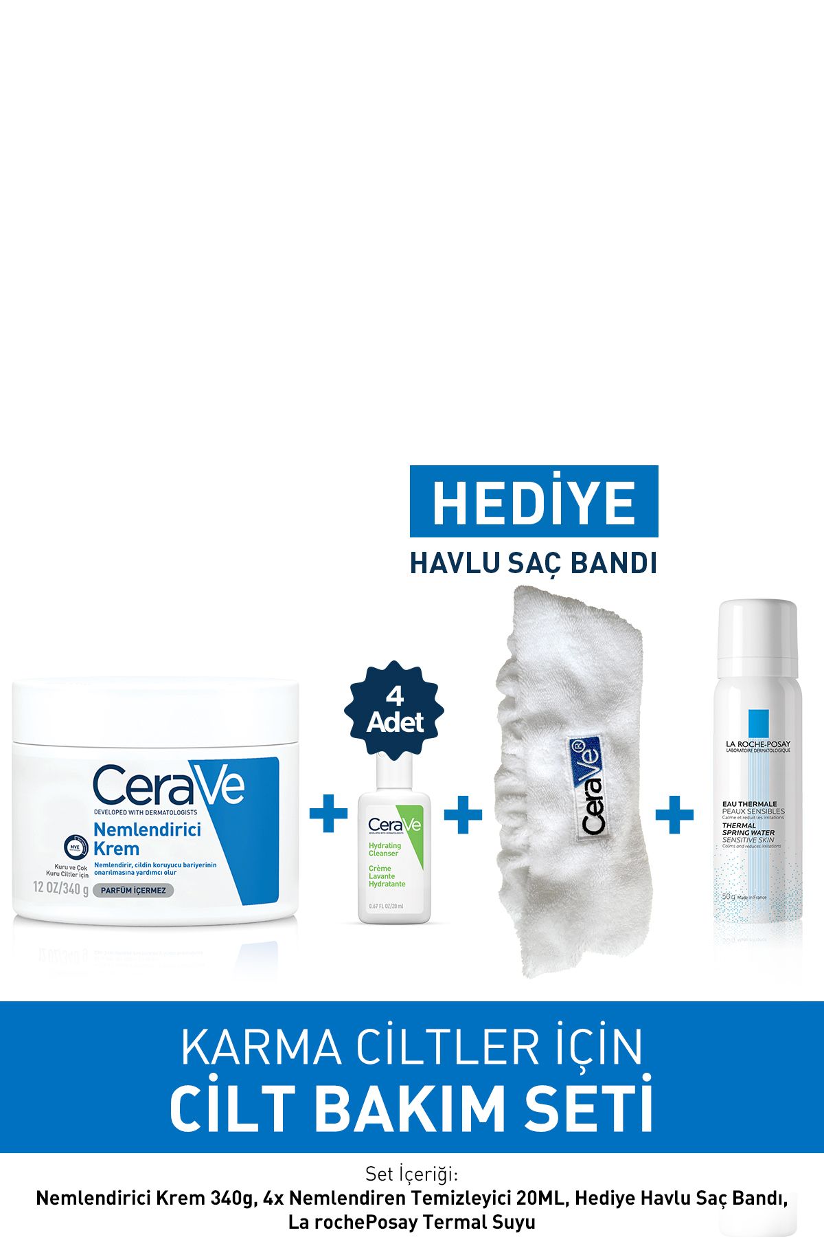 CeraVe Cilt Bakım Seti: 340gr&nemlendiren Temizleyici 4x20ml&saç Bandı&la Roche-posay Termal Su 50ml