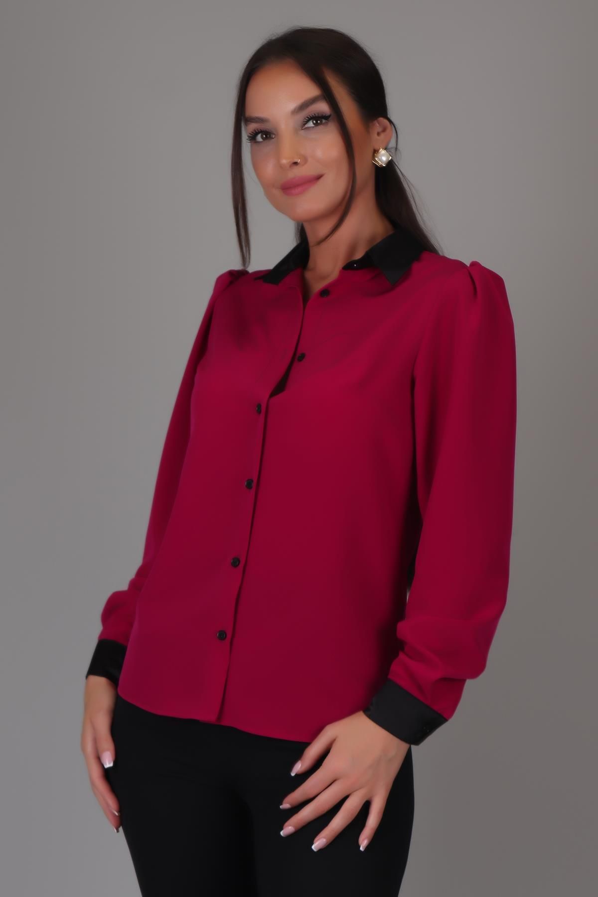 SWEETNESS-Fuchsia Satin Women's Shirt - Silk Collar, Long Sleeve 5