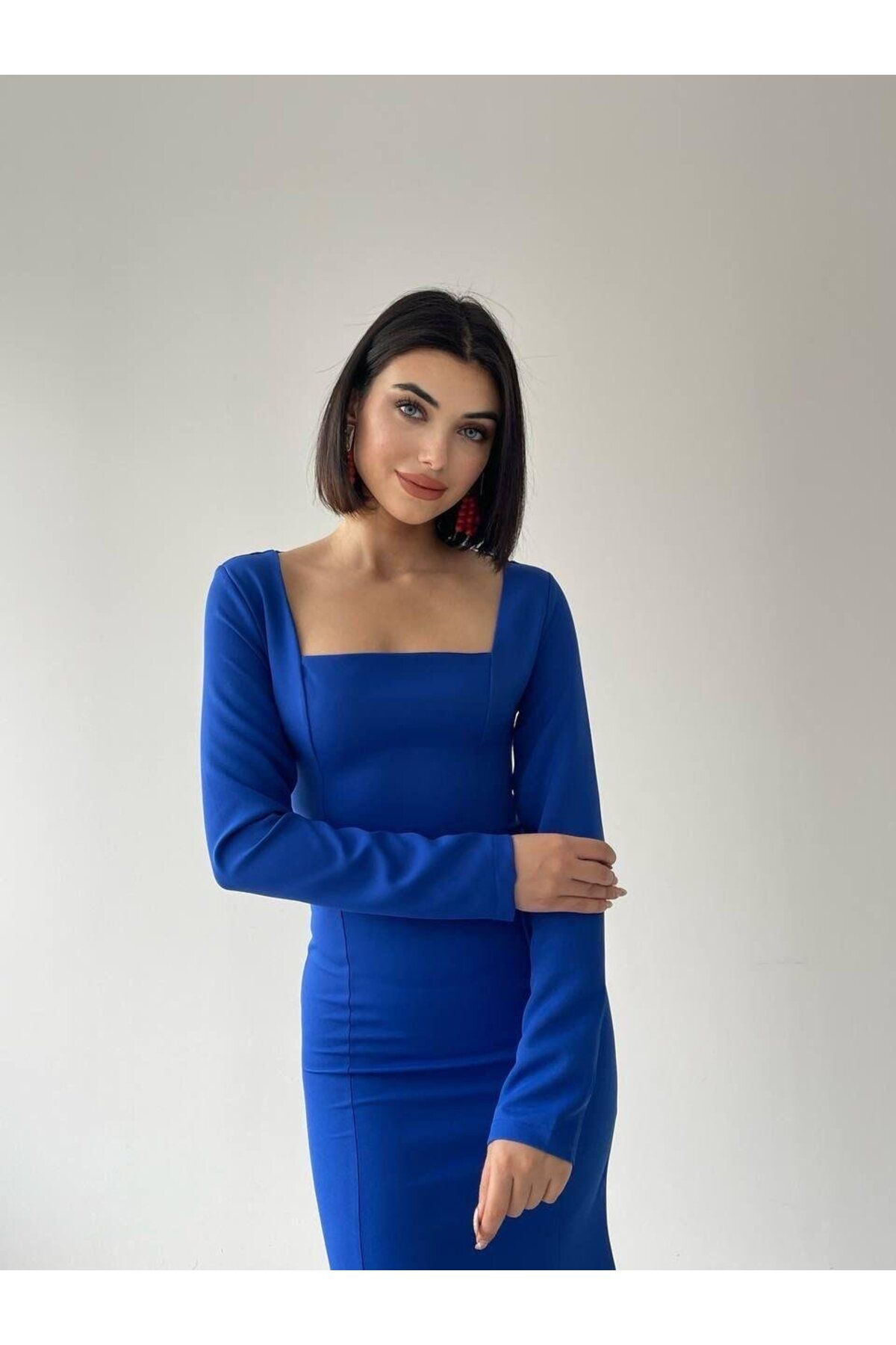 conconmoda-فستان أزرق طويل بياقة مربعة 6