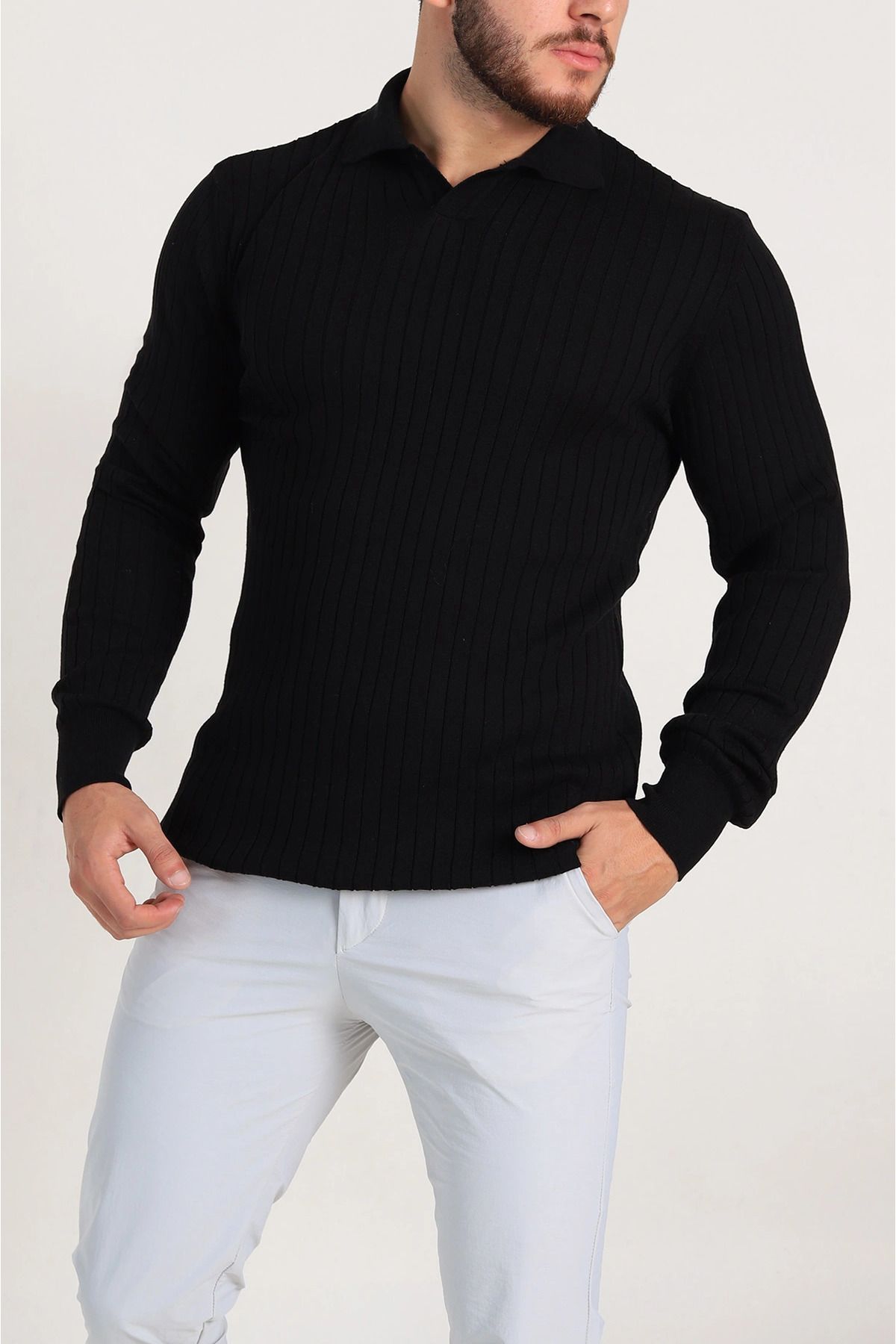 vuvutasarım-New Season Black Slim Fit Lycra Stripe Textured Polo Collar Men's Thin Knitwear Sweater 1