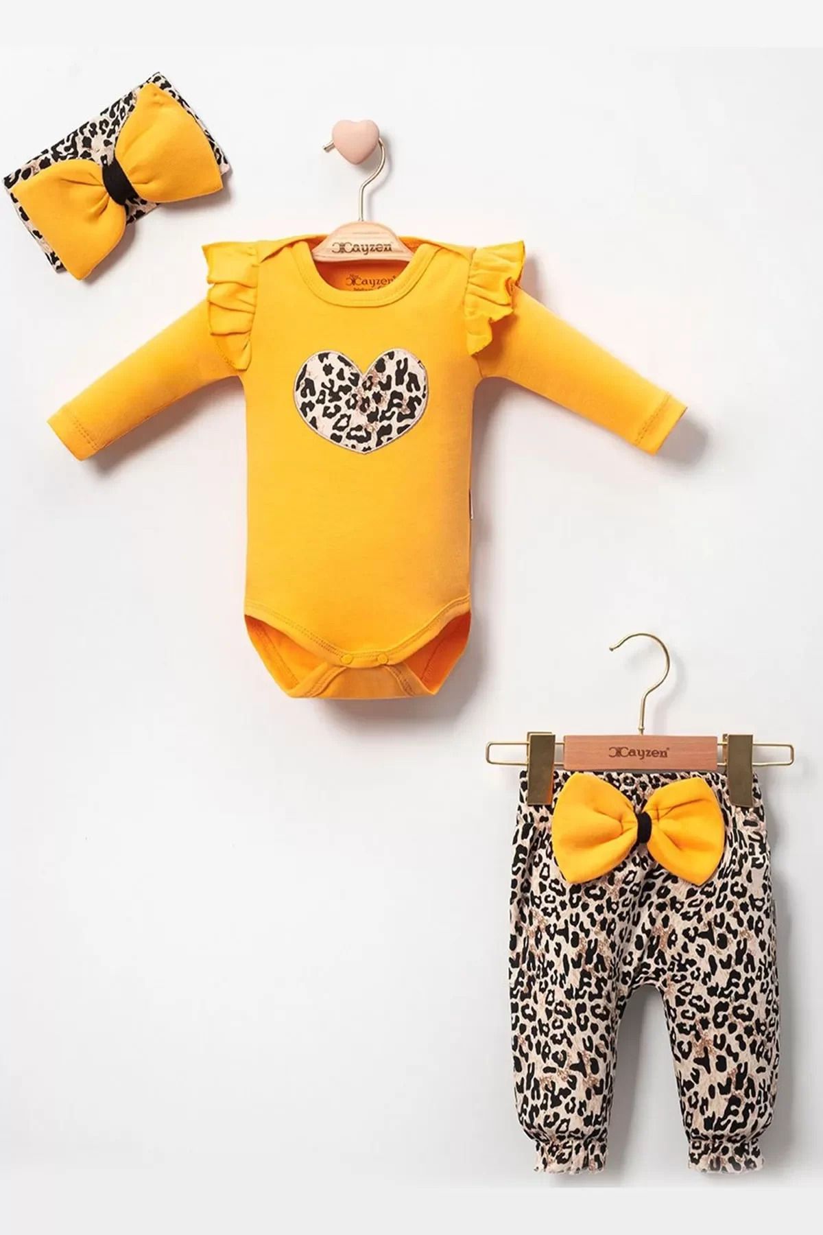 yusuftex Fiyonklu Leopar Desenli % 100 Pamuk Kız Bebek Takım