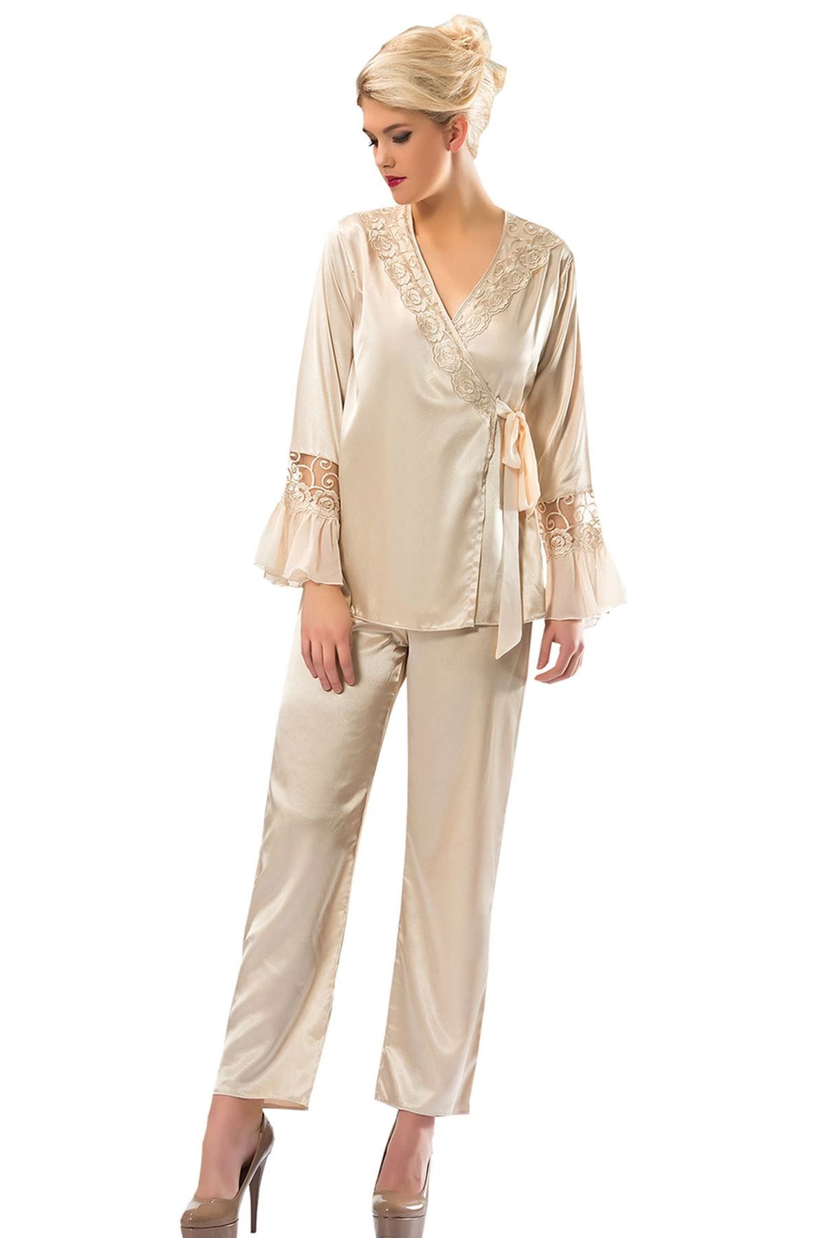YNT İthalat Gold Rengi Saten Pijama Takımı - 1592