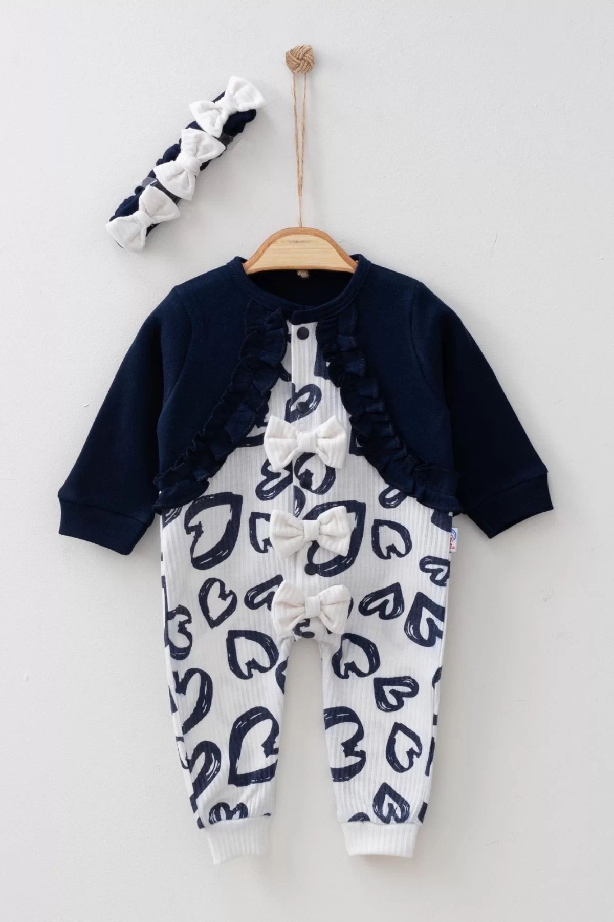 yusuftex Bolerolu Kalp Desenli % 100 Pamuk Kız Bebek Tulum