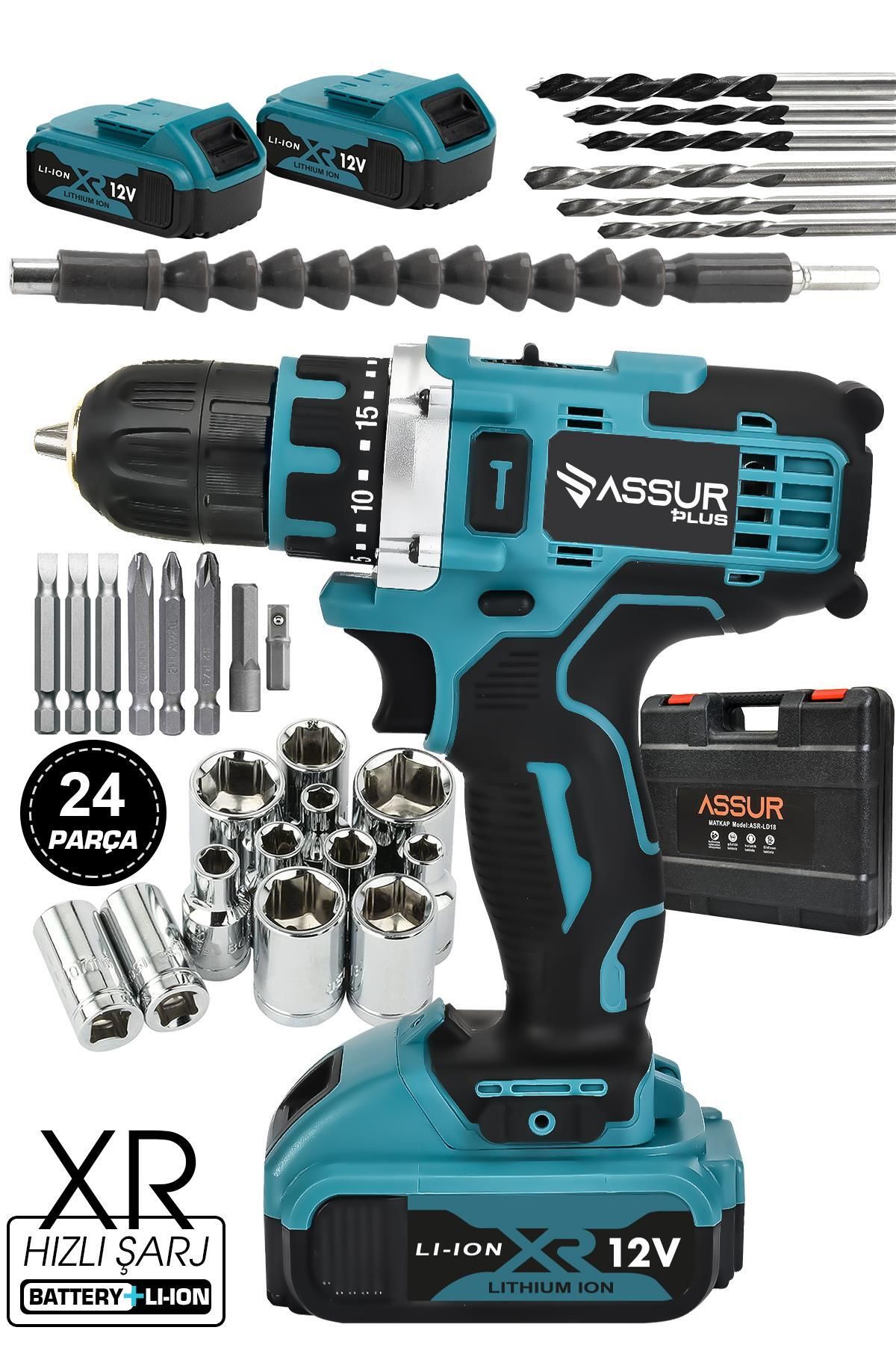 Jetta Power Tools Assur Plus 12v 1.5ah Metal Şanzıman Çift Akülü Bakır Sargı 24 Parça Şarjlı Matkap Akülü Vidalama