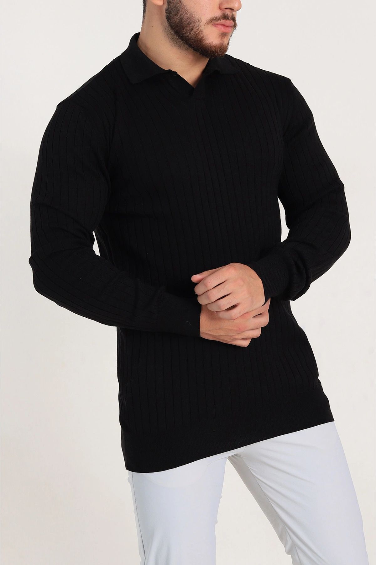 vuvutasarım-New Season Black Slim Fit Lycra Stripe Textured Polo Collar Men's Thin Knitwear Sweater 2