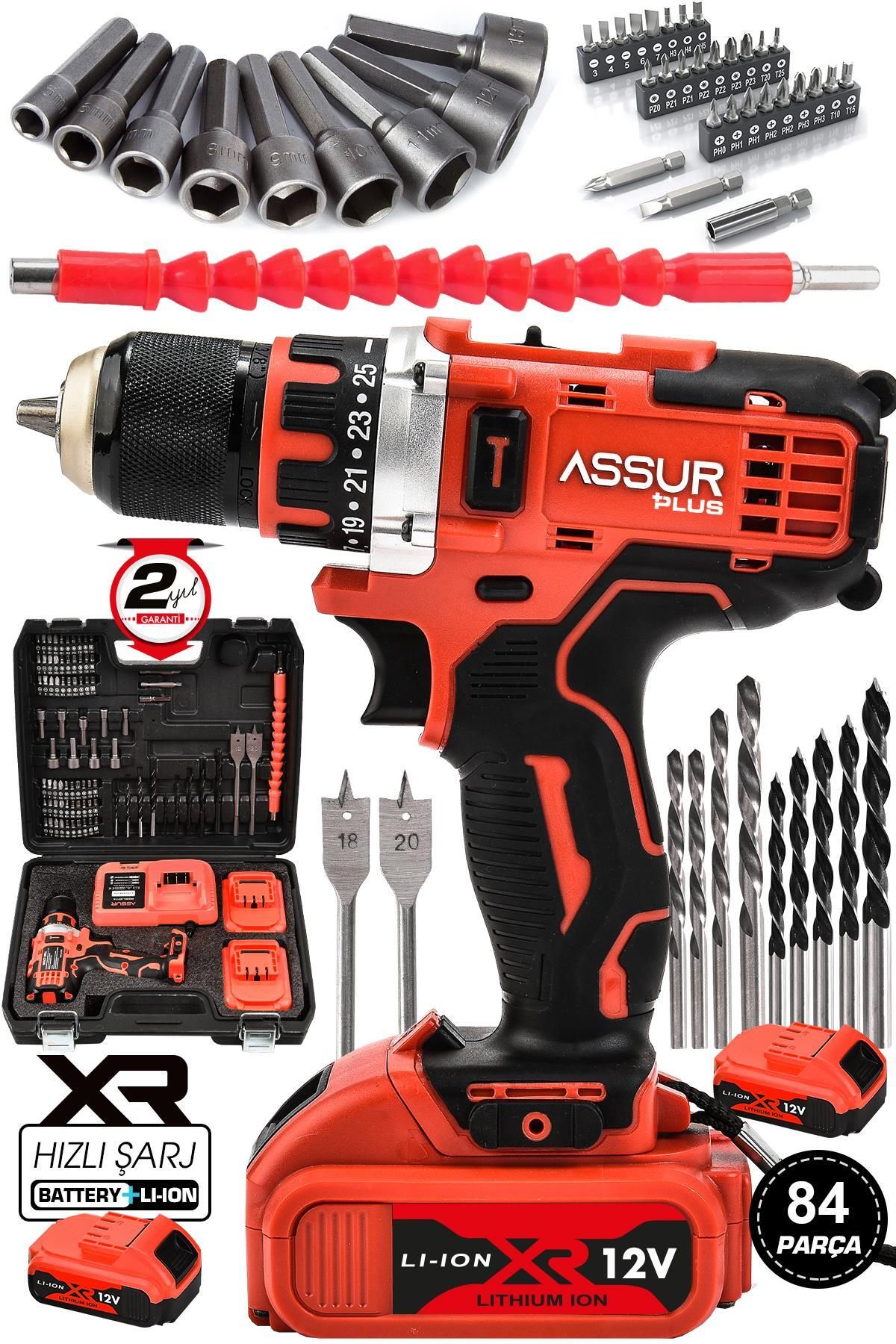 Jetta Power Tools Assur Plus 12v 2ah Şarjlı Matkap Darbesiz Metal Şanzuman Bakır Sargılı Çift Akülü 84 Parça Set Hediy