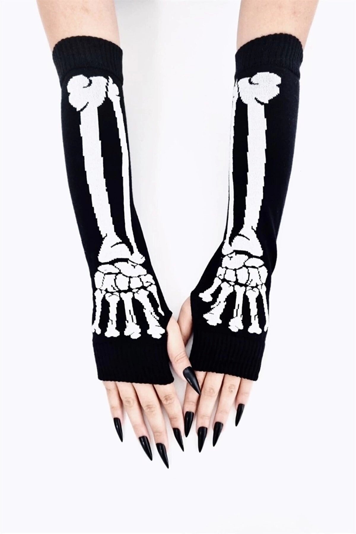 DarkellaStore Gotik Punk Iskelet Siyah Kolluk Eldiven