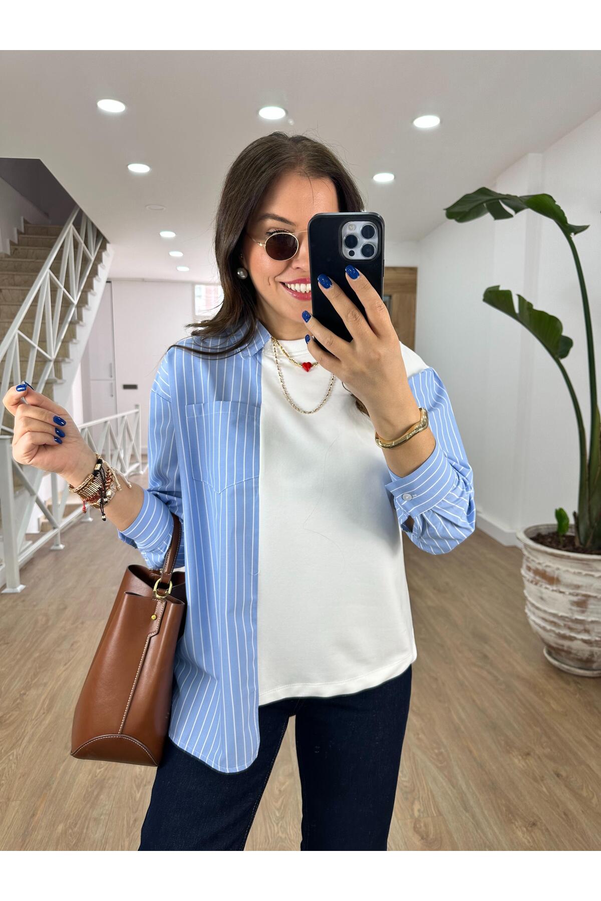 2she  Garnili Poplin Gömlek-Mavi