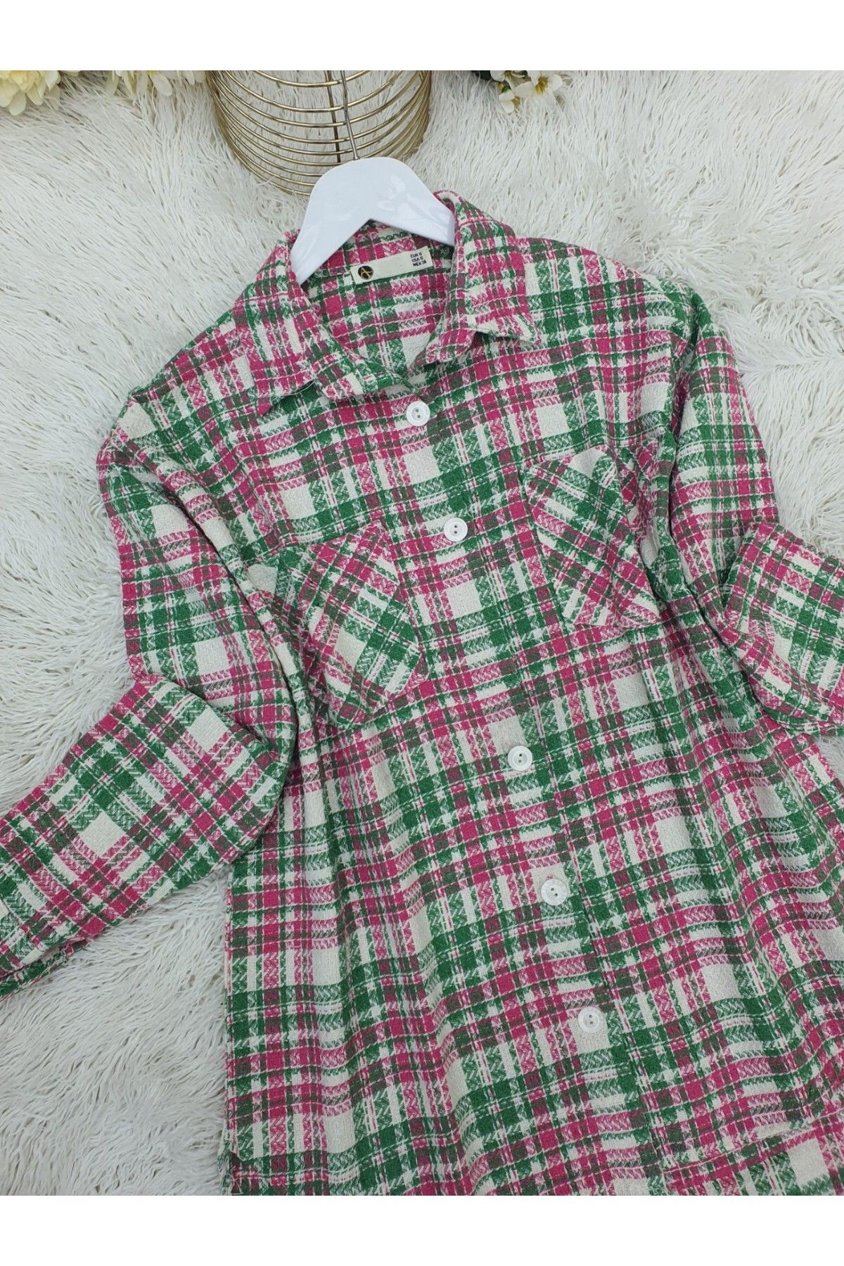 Modamorfo-Long Buttoned Double Pocket Tweed Shirt -Pink 2