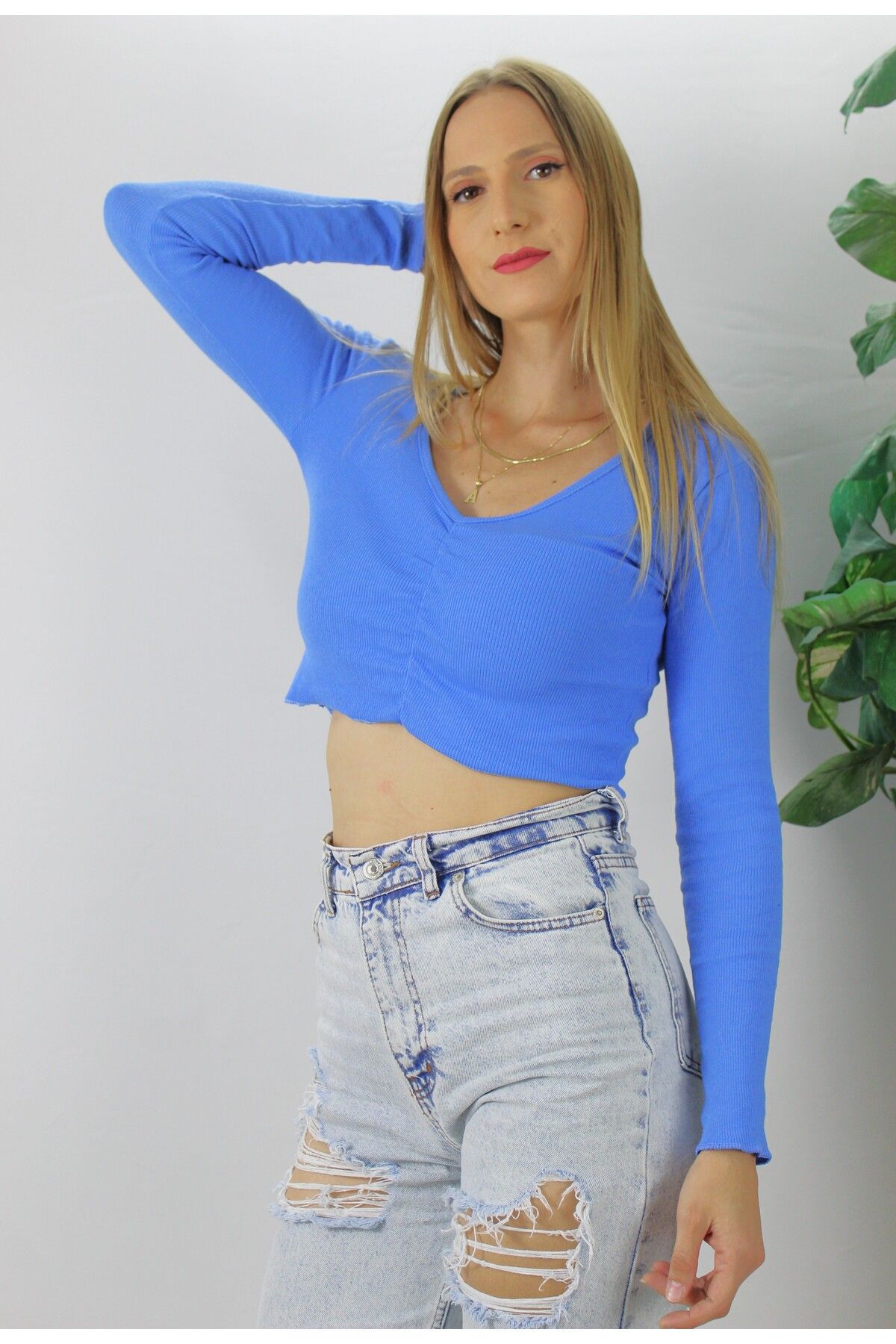 Pink Stil Büzgülü Fitilli Bluz Mavi - 94574