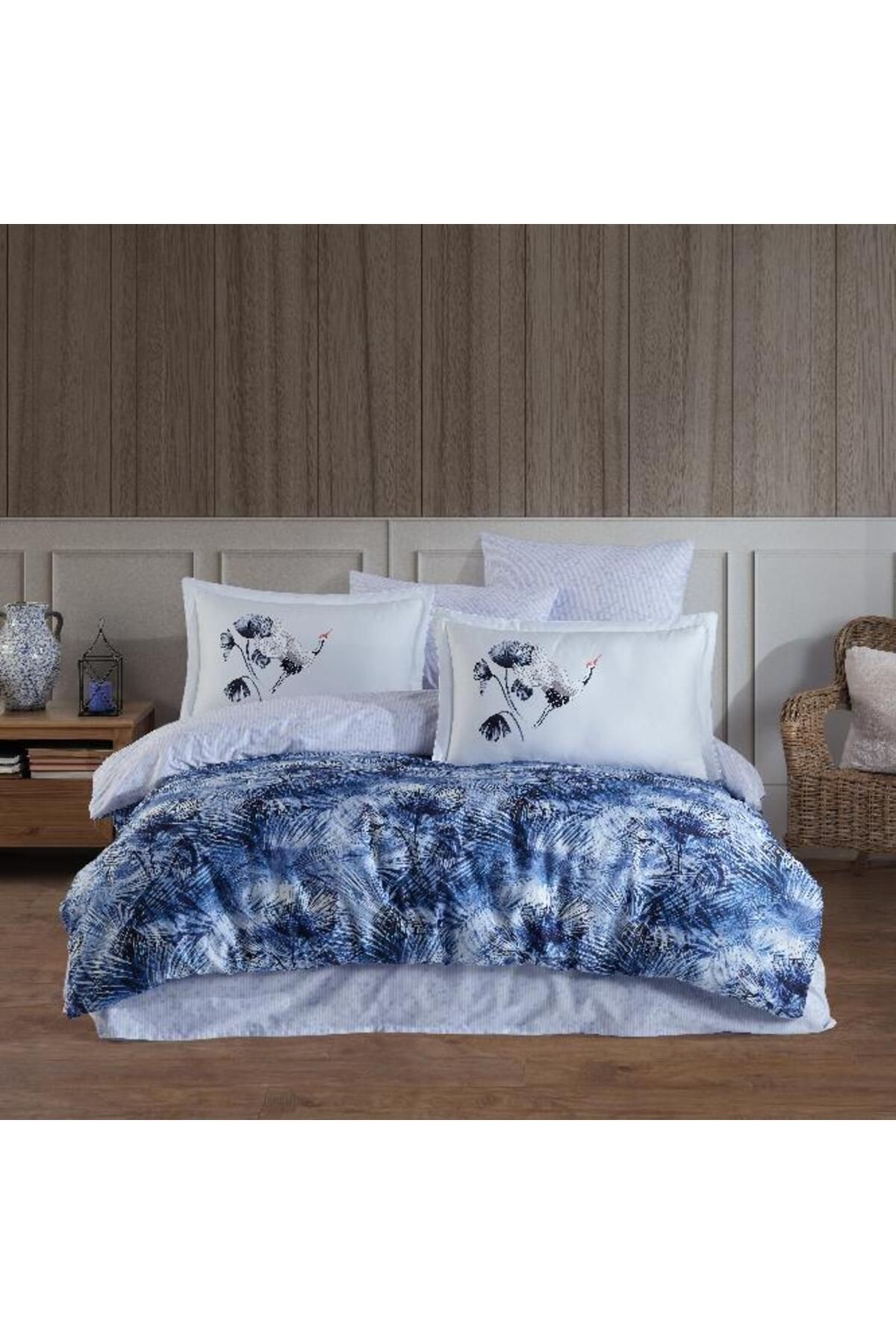 OEM Premium Deluxe 300TC Çift Kişilik Saten Nevresim Takımı Lilian Mavi