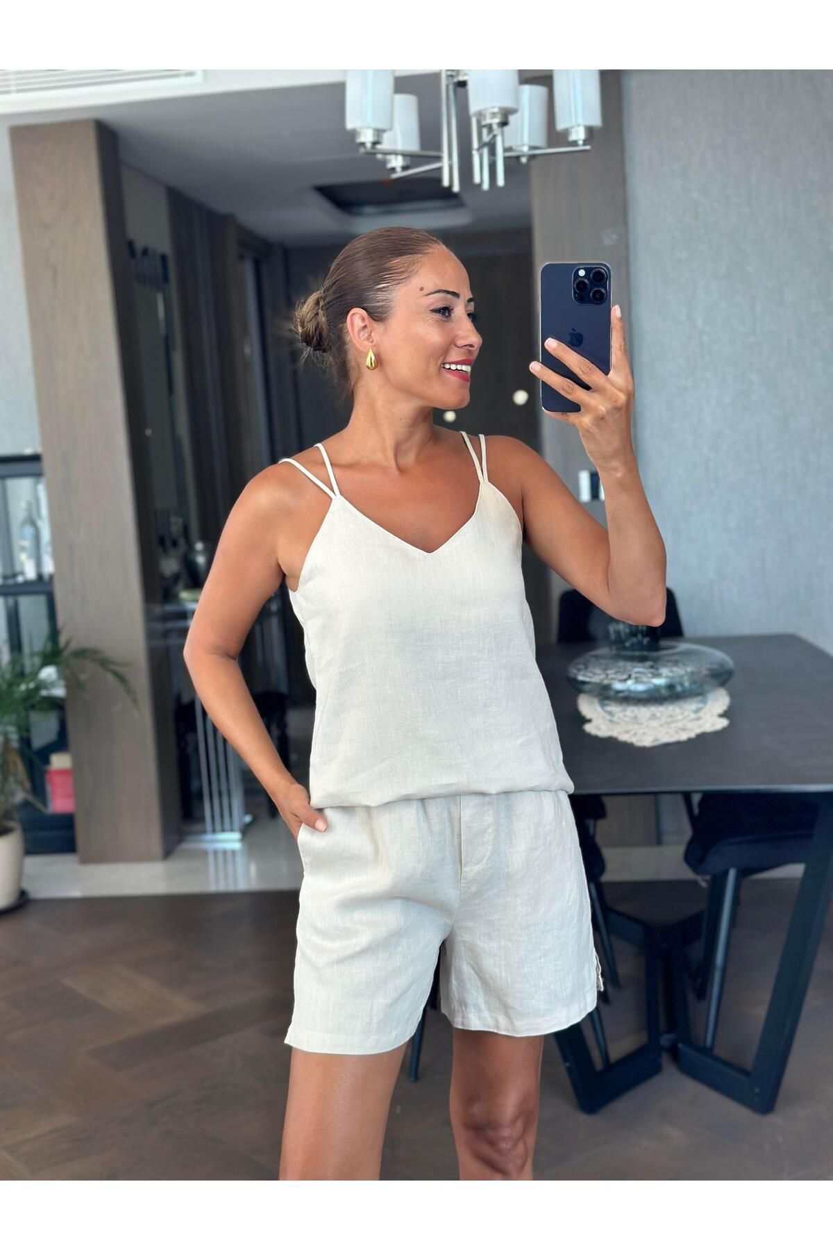 Forlady Butik Taş Keten Çift Askılı Bluz Şort Kadın Alt Üst Takım