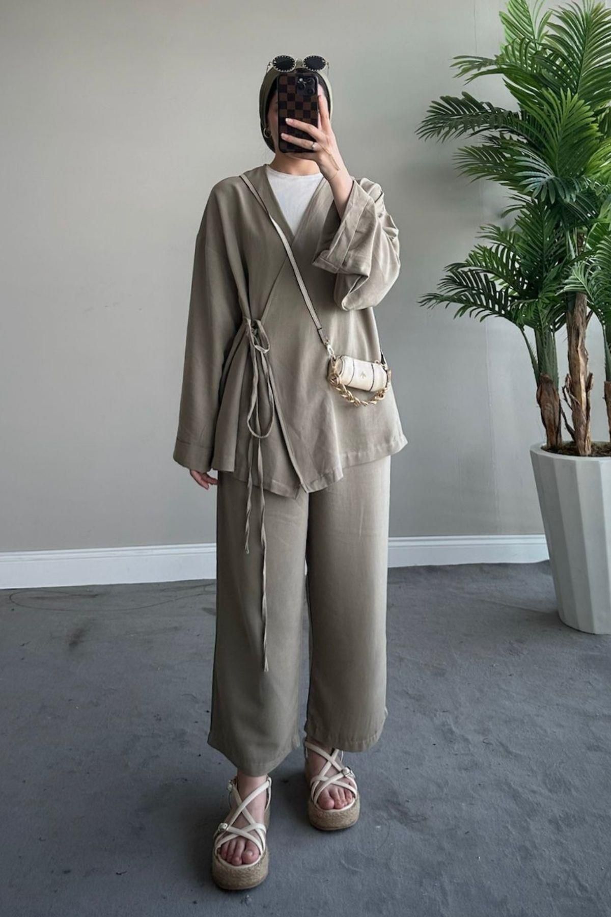 HAZA MODA-Khaki Linen Set - Thin String 3
