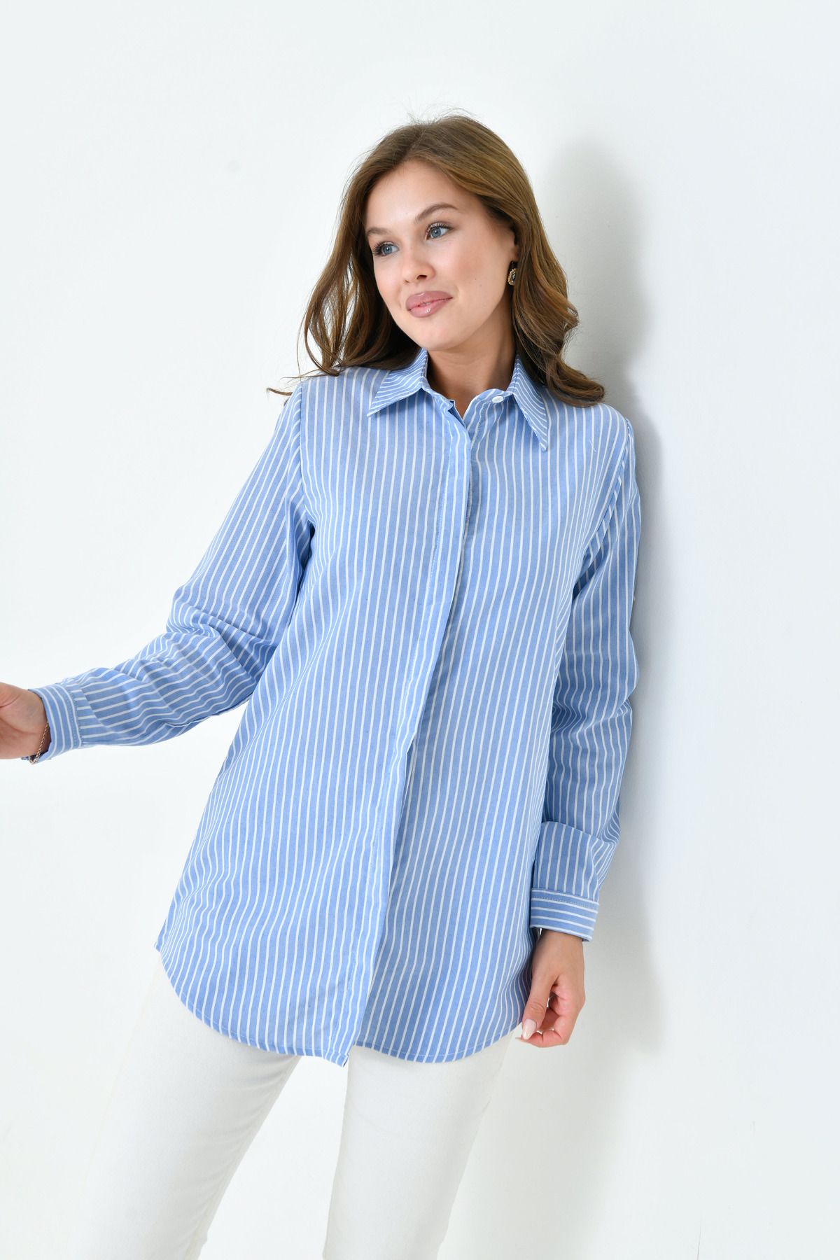 enmodaiçgiyim-Blue-White Striped Long Basic Women's Shirt 6