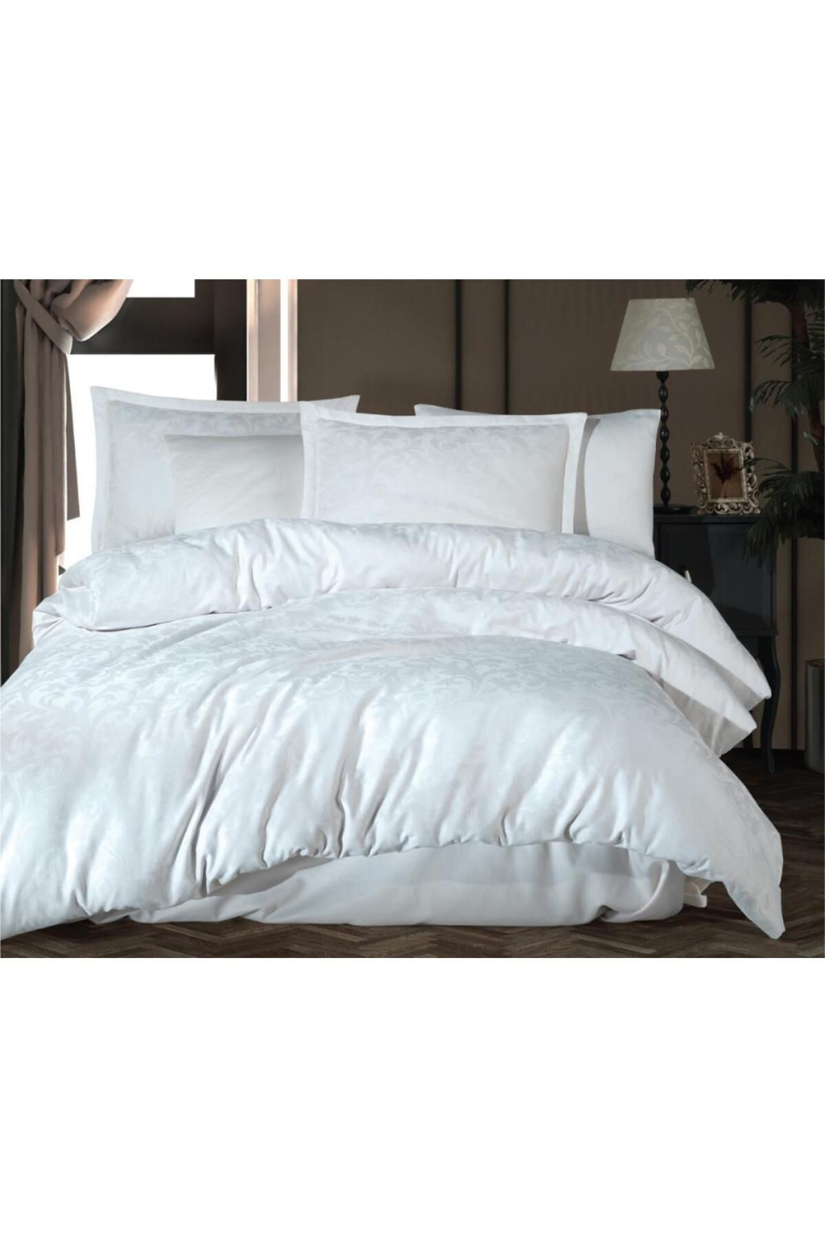 mikudesign Exclusive Jakarlı Çift Kişilik Pamuk Saten Nevresim Takımı Pavaya v1 Beyaz