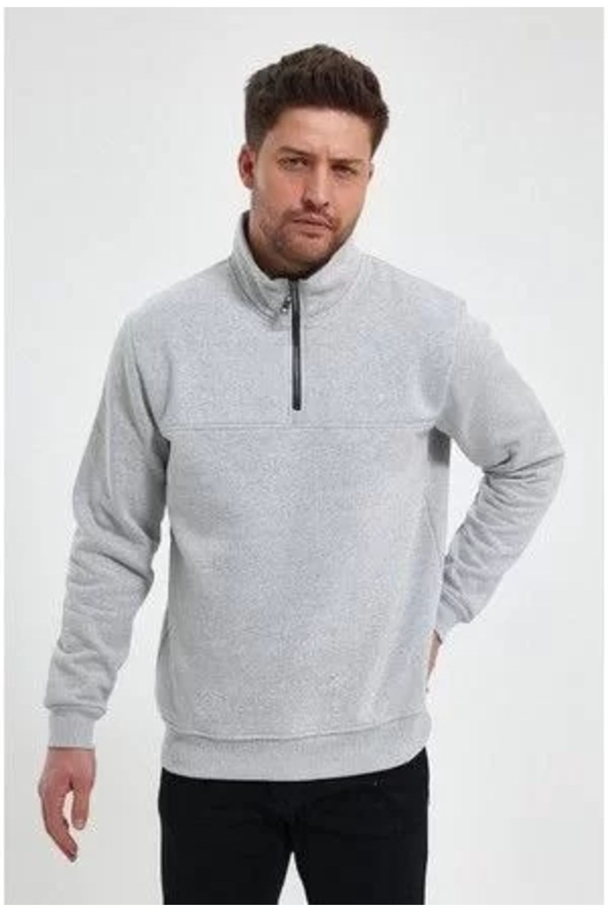 SA Alişveriş Dünyam Oversize Yarım Farmuarlı Yakalı Basic SweatShirt - Gri