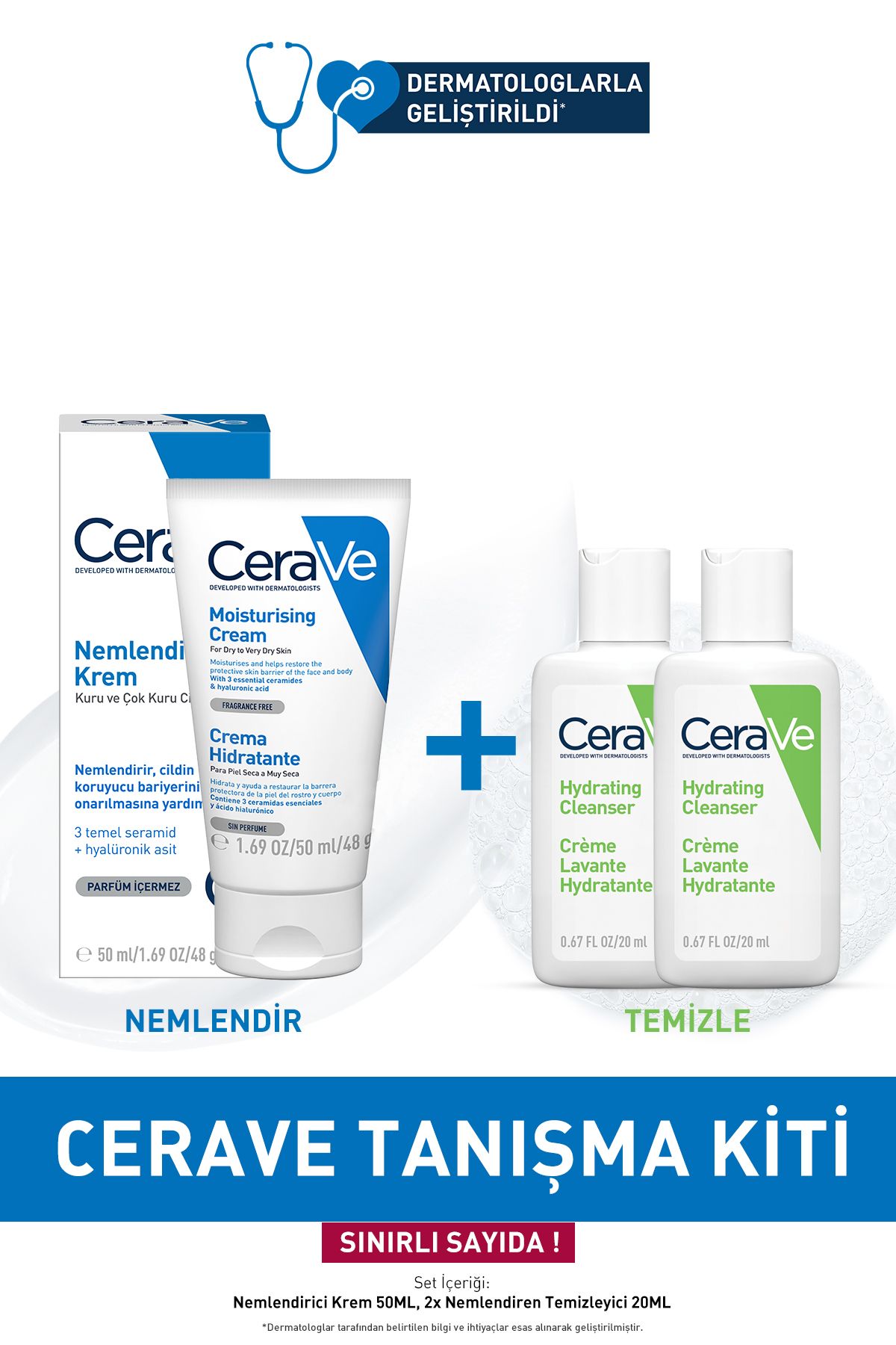 CeraVe Tanışma Kiti :nemlendirici Krem 50 Ml& Nemlendiren Temizleyici 2x20ml