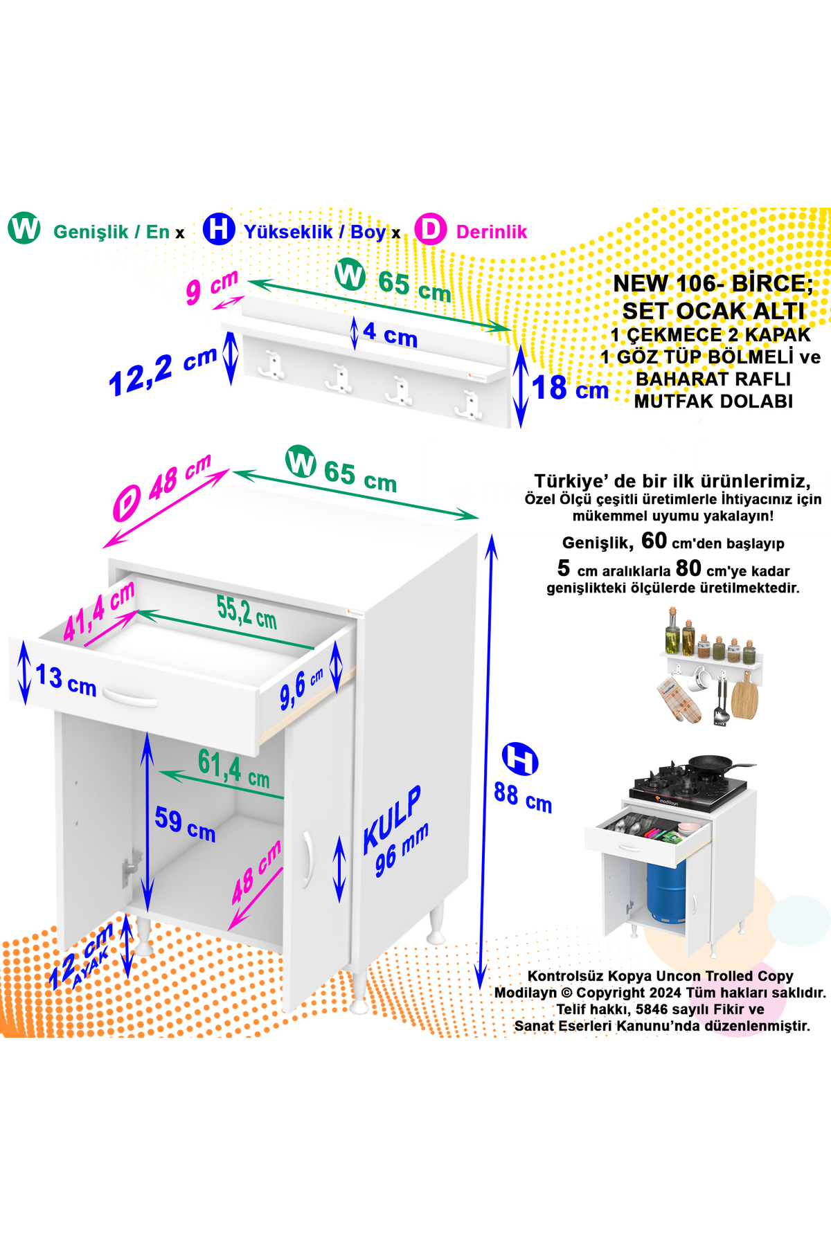 Modilayn BİRCE L-65 x 87 x 48 cm Tüp Bölmeli Set Ocak Altı Dolap