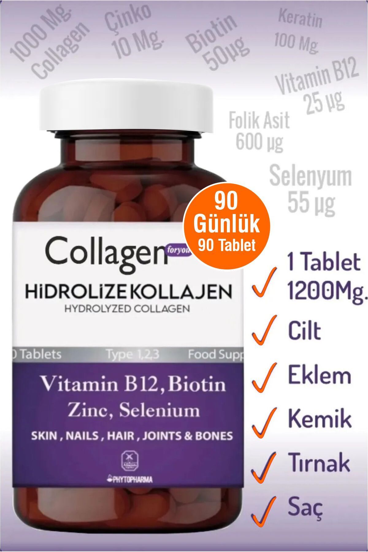 Collagen For You 90 Günlük_hidrolize Kolajen Tip123 Biotin- Keratin-çinko-f. Asit-selenium-b12 - 1200mg 90 Tablet