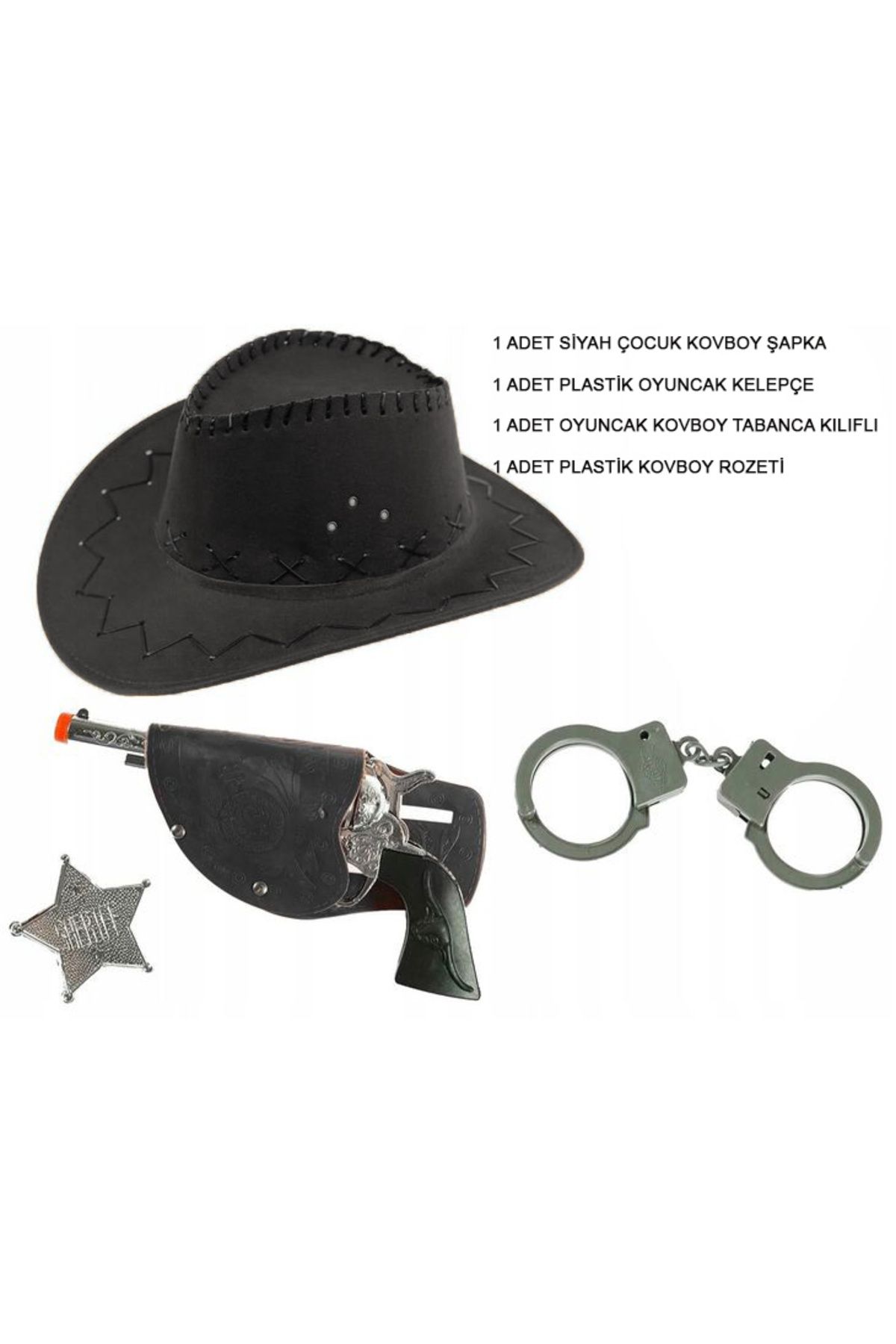 colezium-Child Boy Black Cowboy Hat Pistol Badge and Handcuffs Set 4 Pieces 1